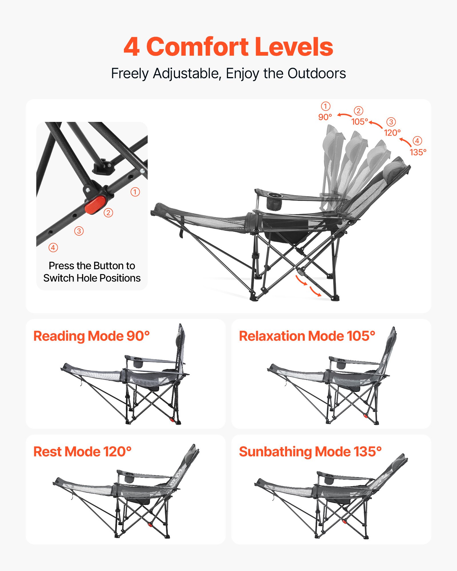 VEVOR Silla de Camping Plegable, 4 Posiciones Ajustables, Silla Reclinable y Portátil con Reposapiés y Reposacabezas, Tejido de Malla, Capacidad de Carga de 100 kg, para Playa y Patio, Gris