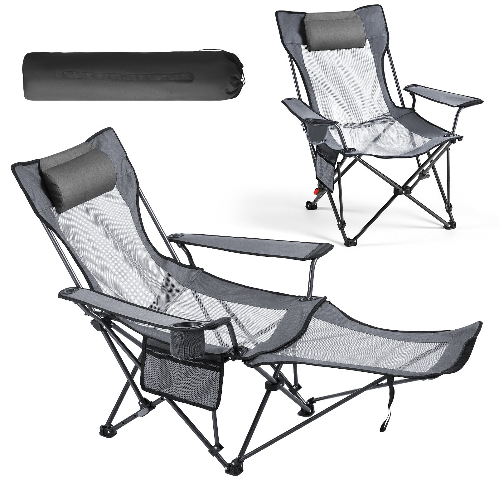 VEVOR Silla de Camping Plegable, 4 Posiciones Ajustables, Silla Reclinable y Portátil con Reposapiés y Reposacabezas, Tejido de Malla, Capacidad de Carga de 100 kg, para Playa y Patio, Gris