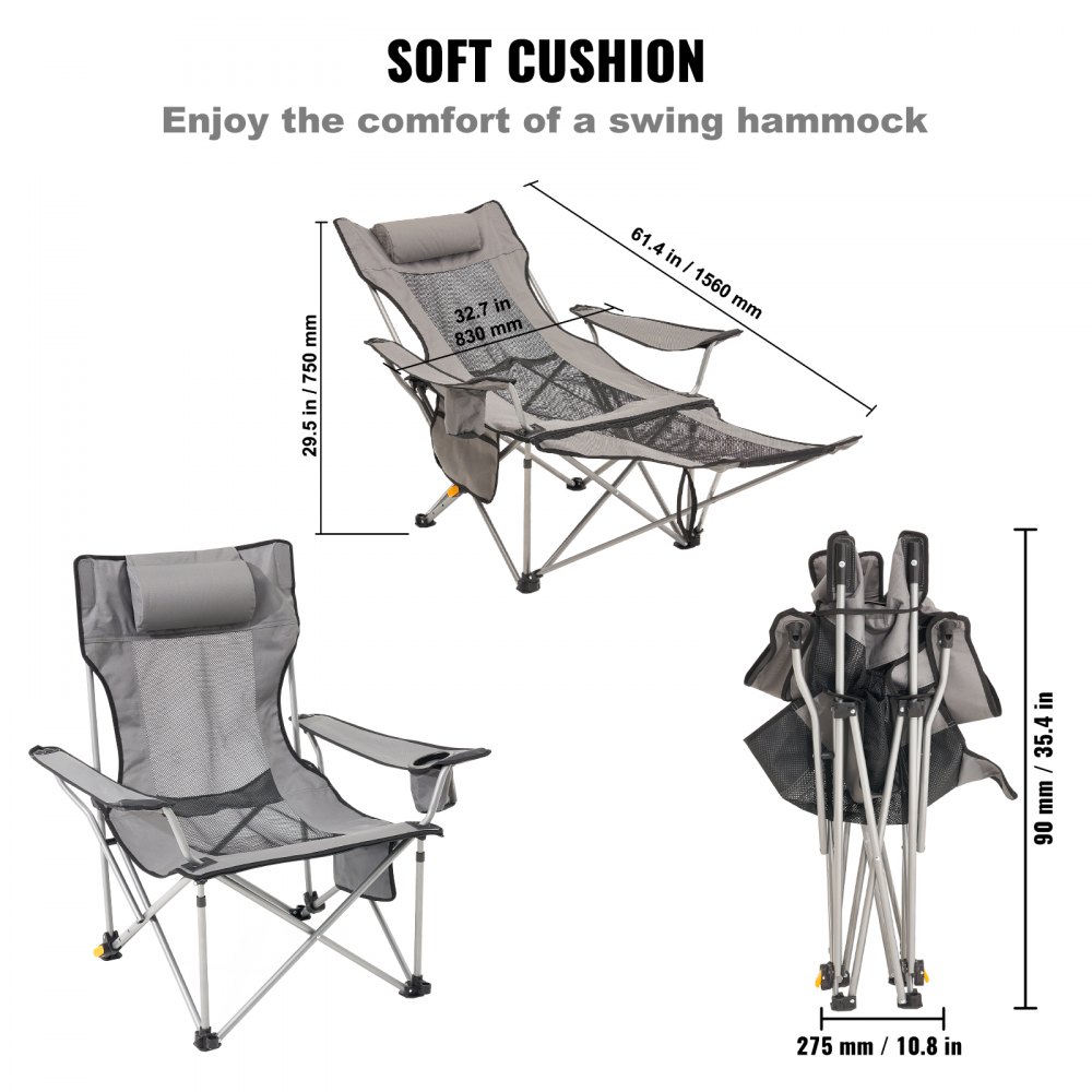 VEVOR Silla de Camping Reclinable Portátil 1530 x 830 x 730 mm Carga de 149,69 kg, Silla de Camping Plegable con Reposapiés, Portavasos, Bolsillo Lateral y Reposacabezas para Camping, Pesca, Gris