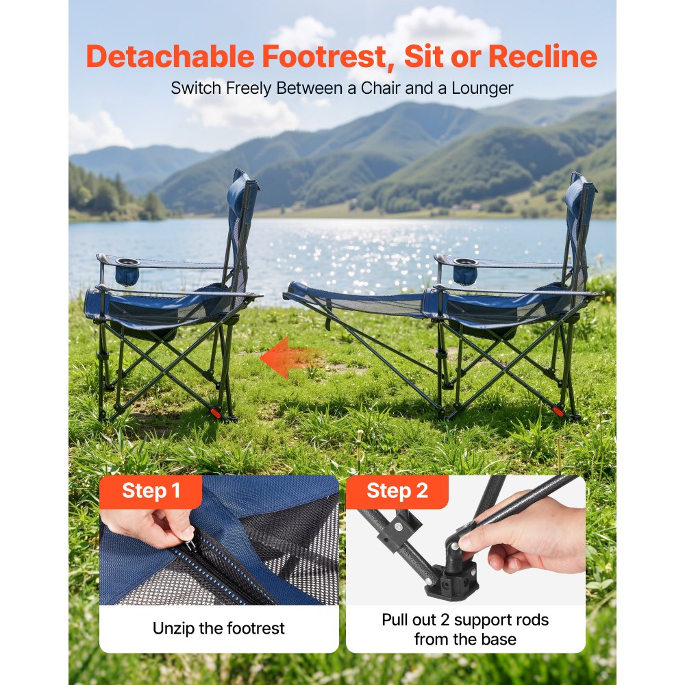 VEVOR Silla de Camping Plegable, 4 Posiciones Ajustables, Silla Reclinable y Portátil con Reposapiés y Reposacabezas, Tejido de Malla, Capacidad de Carga de 100 kg, para Playa y Patio, Azul
