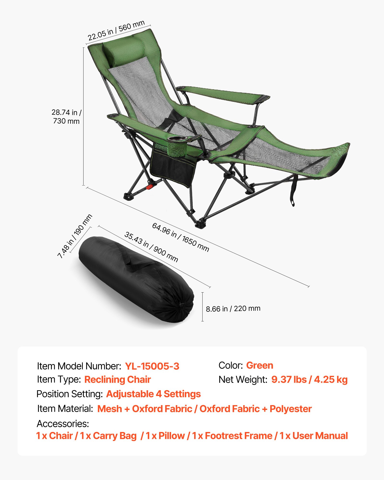 VEVOR Silla de Camping Plegable, 4 Posiciones Ajustables, Silla Reclinable y Portátil con Reposapiés y Reposacabezas, Tejido de Malla, Capacidad de Carga de 100 kg, para Playa y Patio, Verde