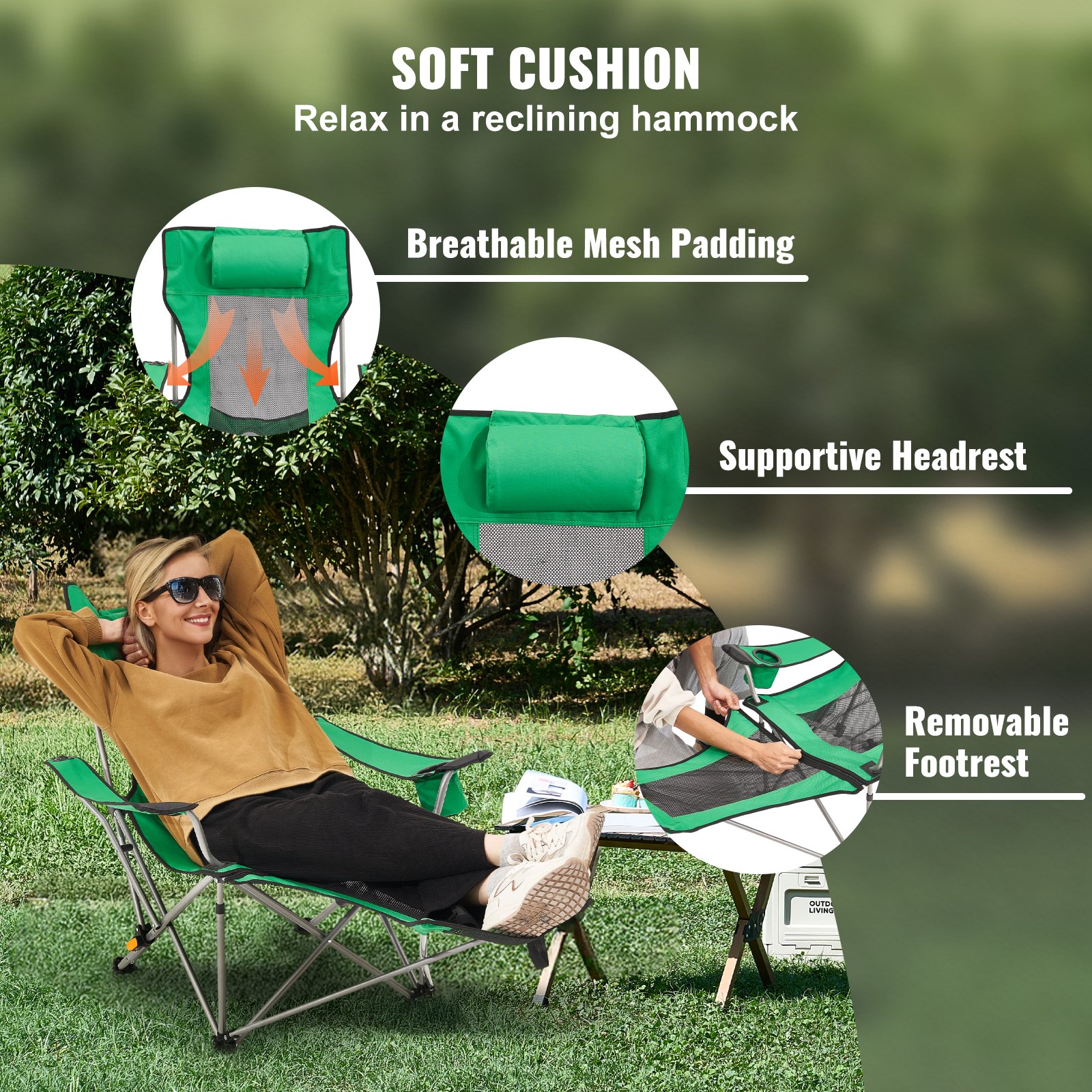 VEVOR Silla de Camping Reclinable Portátil 1530 x 830 x 730 mm Carga de 149,69 kg, Silla de Camping Plegable con Reposapiés, Portavasos, Bolsillo Lateral y Reposacabezas para Camping, Pesca, Verde