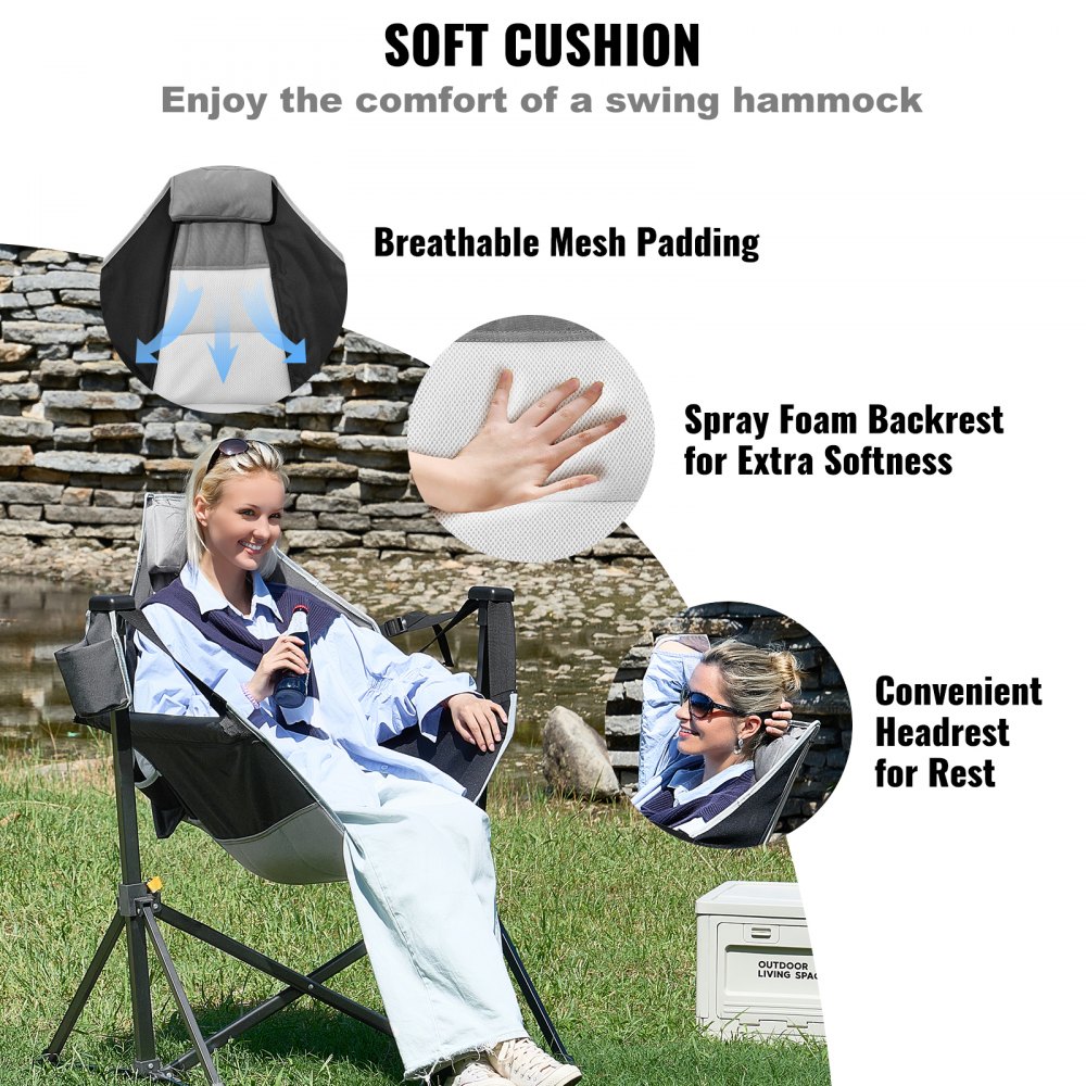 VEVOR Silla Reclinable para Acampar Capacidad de Carga de 136 kg Silla Plegable con Portavasos Bolsa de Almacenamiento Reposacabezas y Respaldo Ajustable para Acampar, Actividades al Aire Libre