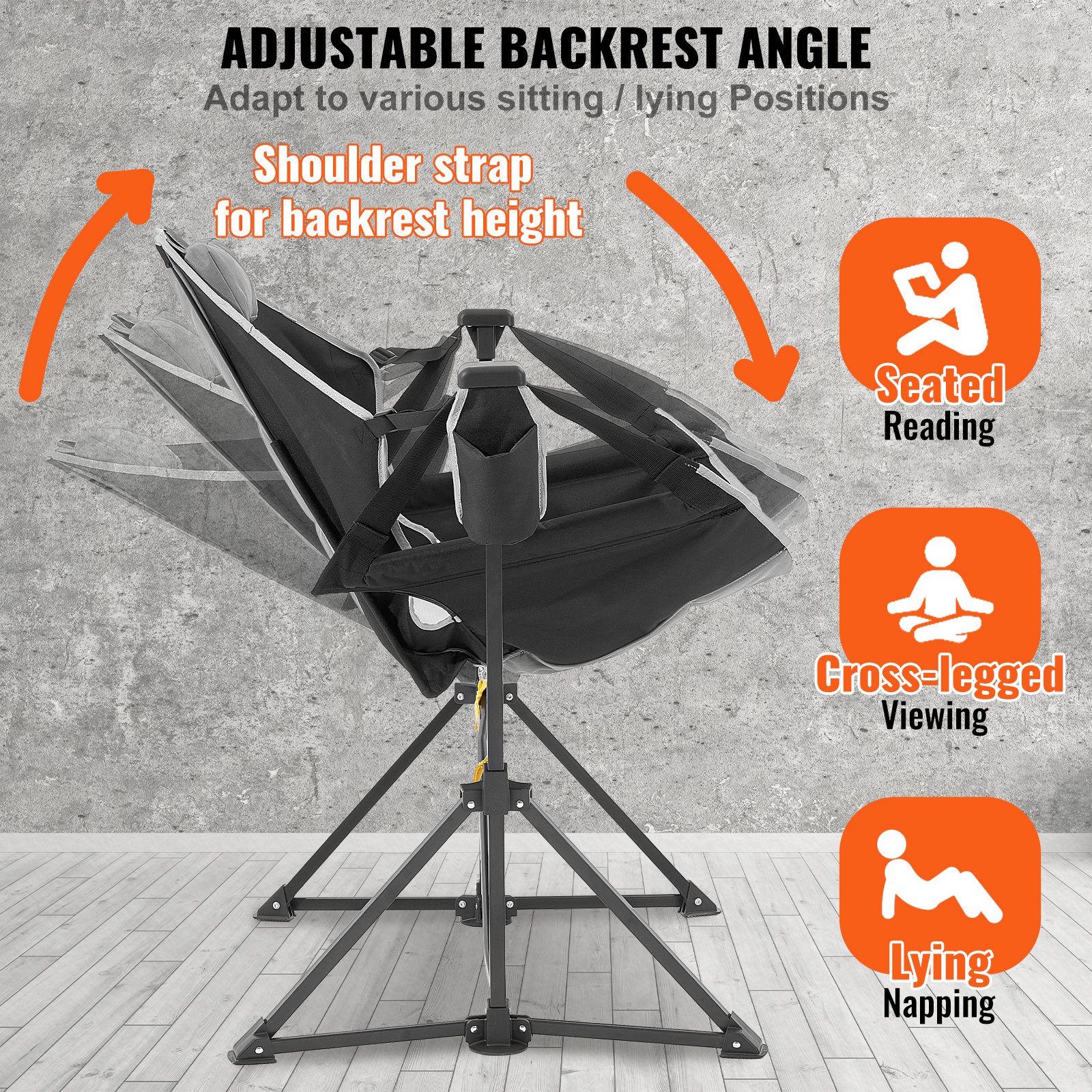 VEVOR Silla Reclinable para Acampar Capacidad de Carga de 136 kg Silla Plegable con Portavasos Bolsa de Almacenamiento Reposacabezas y Respaldo Ajustable para Acampar, Actividades al Aire Libre