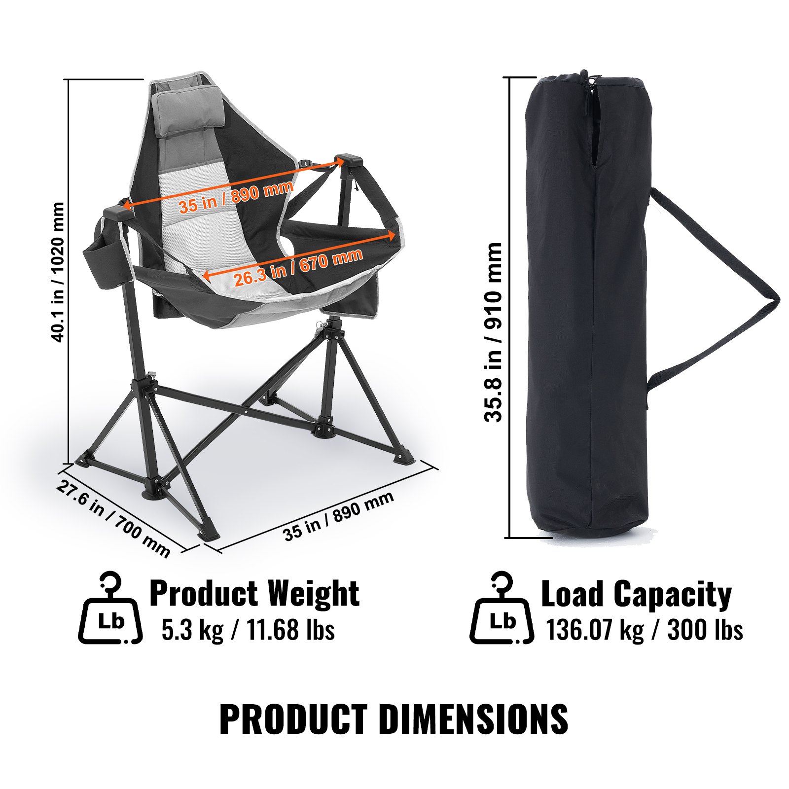 VEVOR Silla Reclinable para Acampar Capacidad de Carga de 136 kg Silla Plegable con Portavasos Bolsa de Almacenamiento Reposacabezas y Respaldo Ajustable para Acampar, Actividades al Aire Libre