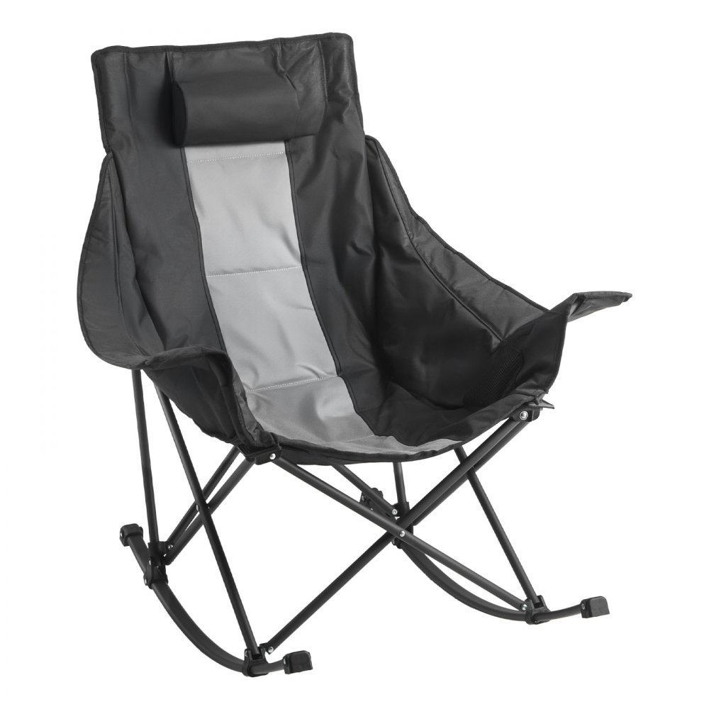 VEVOR Silla Mecedora Plegable 103 x 92 x 95 cm, Mecedora de Camping Portátil Carga de 100 kg, Marco de Metal, con Bolsillo y Reposabrazos Acolchados para Acampar, Balcón, Jardín, Negro y Gris