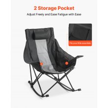 VEVOR Silla Mecedora Plegable 103 x 92 x 95 cm, Mecedora de Camping Portátil Carga de 100 kg, Marco de Metal, con Bolsillo y Reposabrazos Acolchados para Acampar, Balcón, Jardín, Negro y Gris