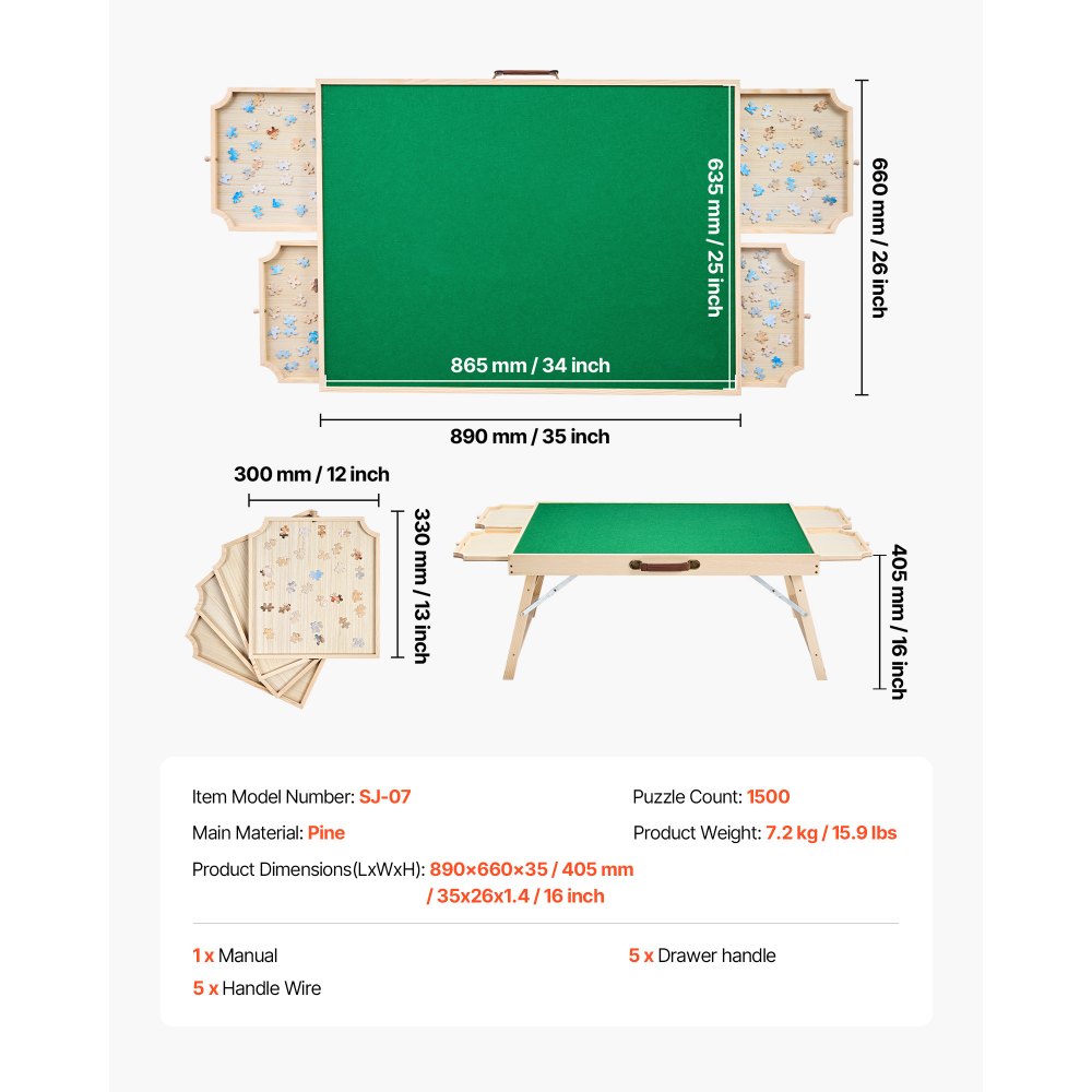VEVOR Tablero de Rompecabezas 1500 uds con 4 Cajones, Tapa y Patas Plegables, Sistema de Almacenamiento Rompecabezas,  6 Niveles Ajustables, 890 x 660 x 60/405 mm, para Pasar Tiempo con Amigos