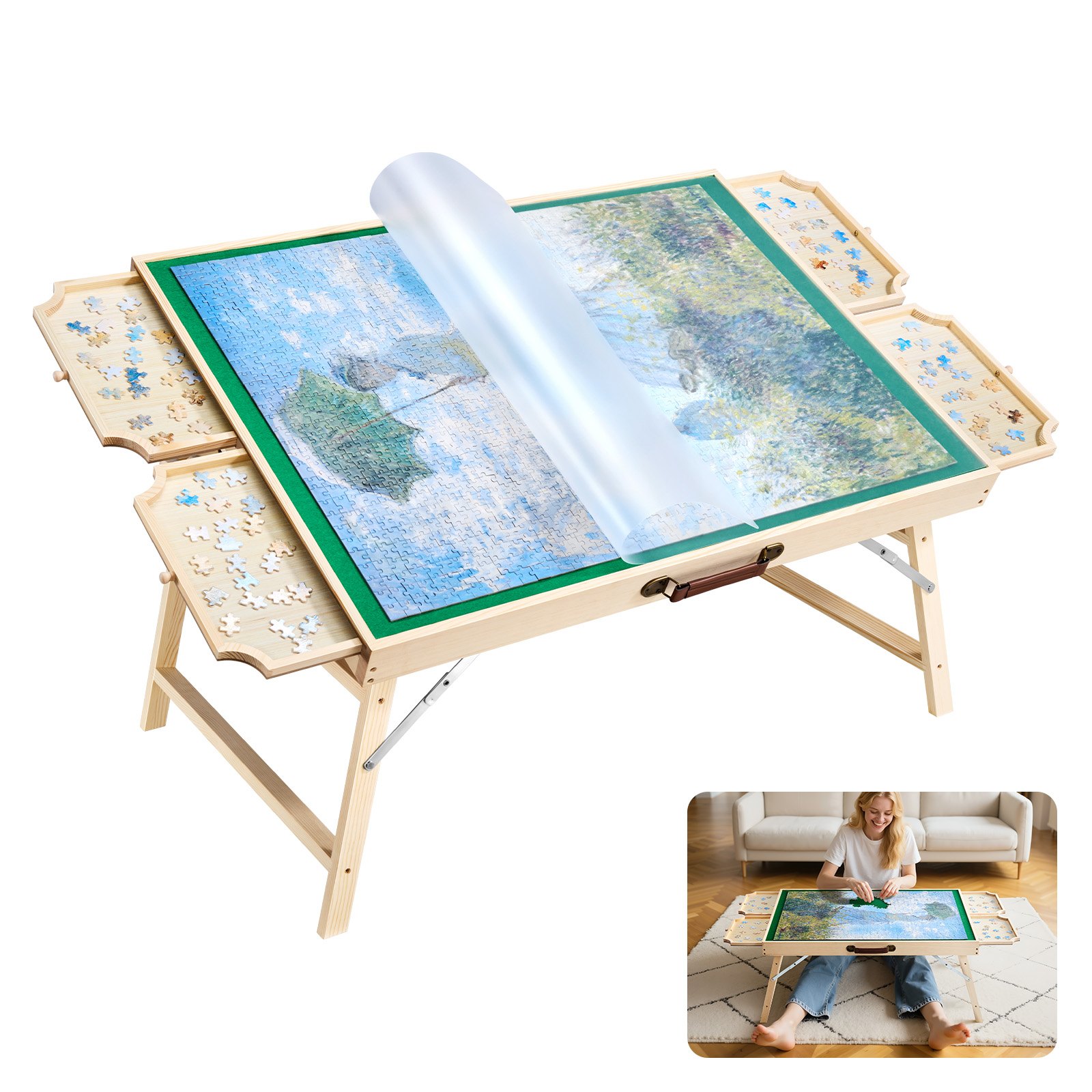 VEVOR Tablero de Rompecabezas 1500 uds con 4 Cajones, Tapa y Patas Plegables, Sistema de Almacenamiento Rompecabezas,  6 Niveles Ajustables, 890 x 660 x 60/405 mm, para Pasar Tiempo con Amigos