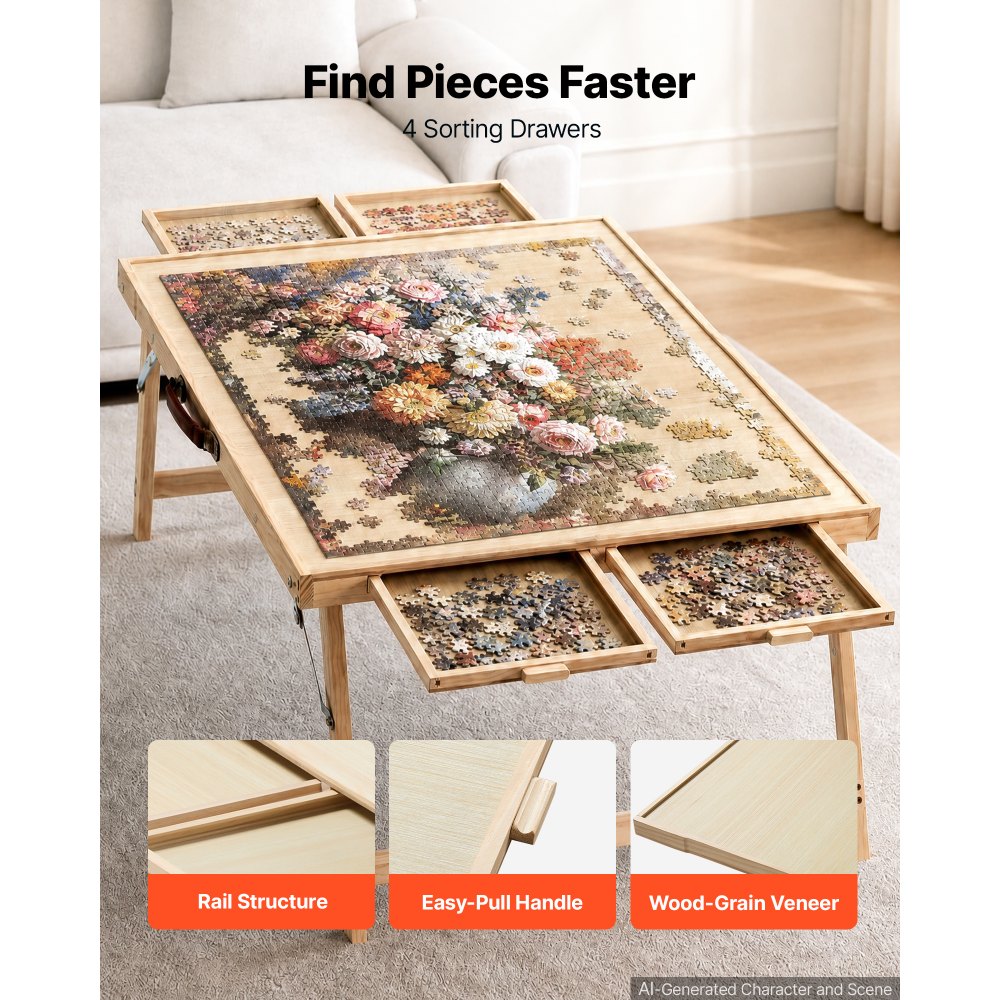 VEVOR Mesa para Rompecabezas para 1500 Piezas con Patas Plegables y 4 Cajones, para Adultos, Tablero para Puzzles de Madera, 86,8 x 62,8 cm, para Almacenamiento y Organización de Rompecabezas