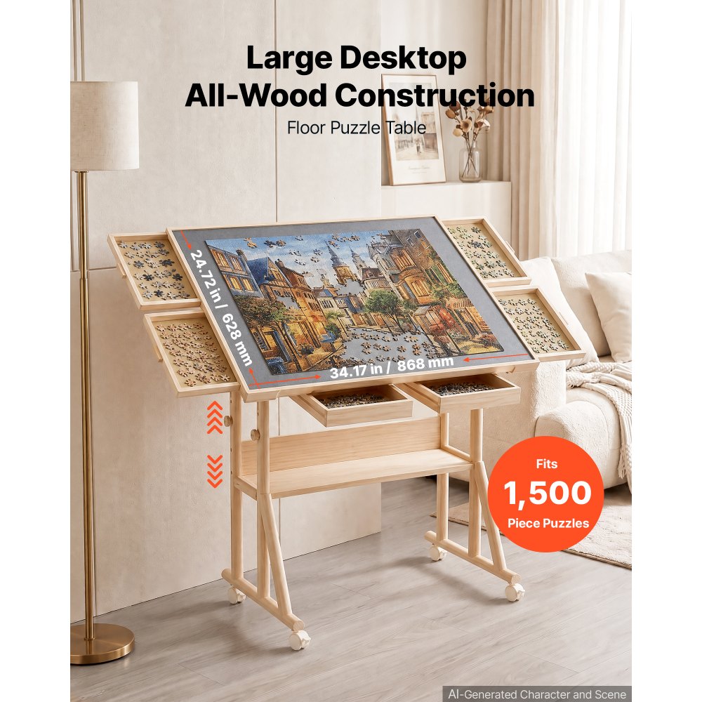 VEVOR Mesa para Rompecabezas de Madera, para 2000 Piezas, 86,8 x 62,8 cm, para Adultos, Superficie de Fieltro, Inclinable, Altura Ajustable, 4 Cajones, Almacenamiento y Organización de Rompecabezas
