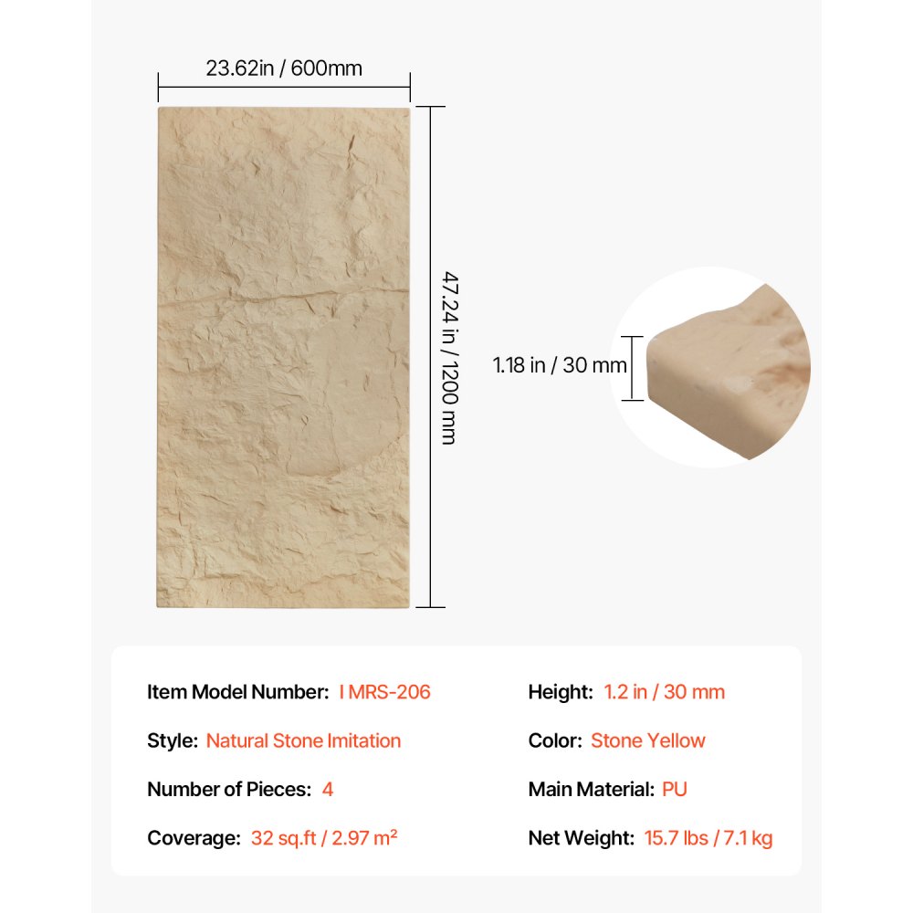 VEVOR Paneles de Pared 3D, Imitación de Piedra Natural de Poliuretano, con Cobertura de 2,97 m², para Techo, Dormitorio, Sala de Estar y Juegos, Color Amarillo Piedra, 4 uds, 1200 x 600 x 30 mm