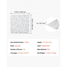 VEVOR Paneles de Pared 3D PVC Blanco Diamante 33 uds 2,97 m² 300 x 300 x 25,1 mm