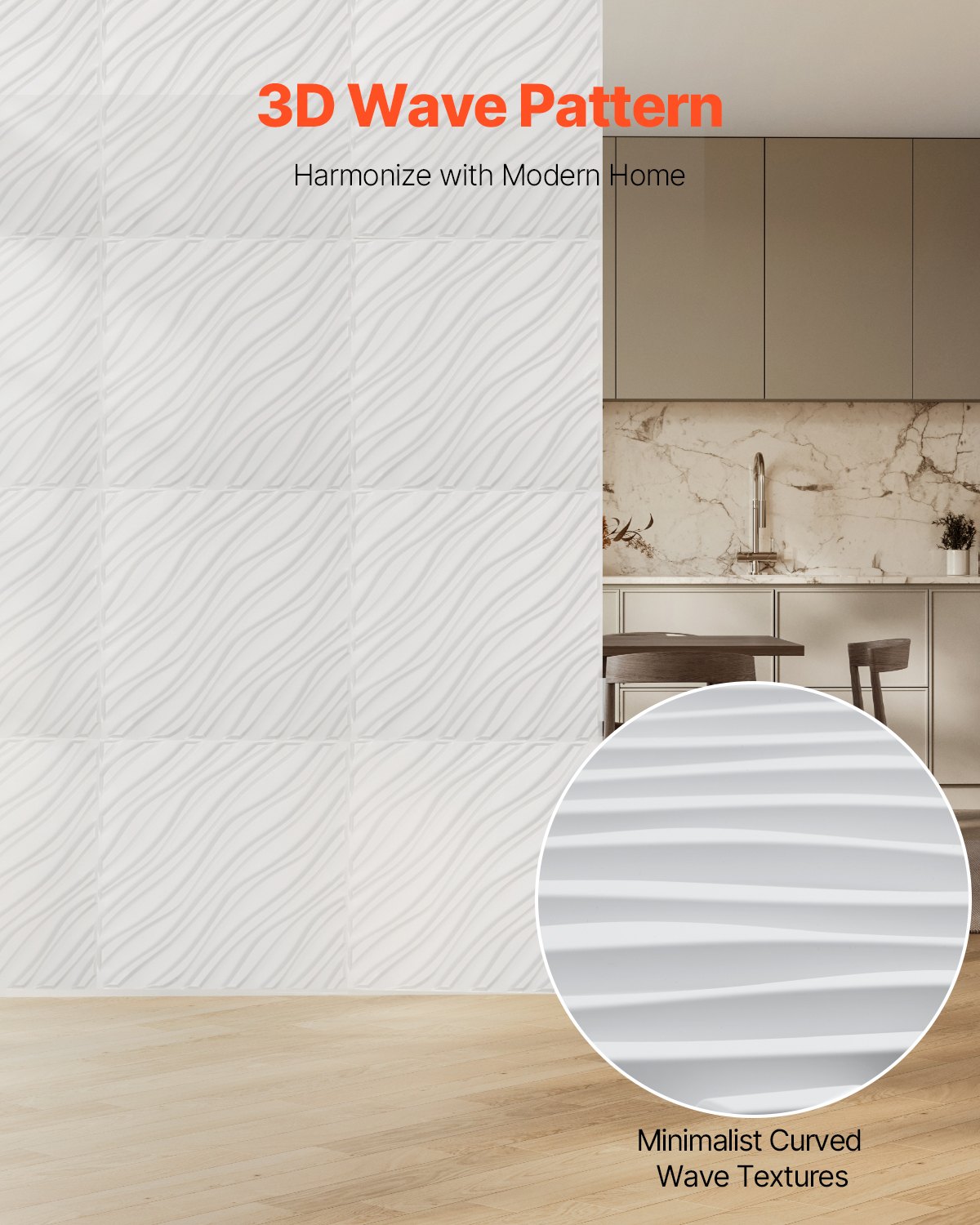 VEVOR Paneles de Pared 3D, PVC, con Ondas Minimalistas de Arte Moderno, con Acento de Cobertura 2,97 m², para Techo, Dormitorio, Sala de Estar y de Juegos, Blanco Mate, 500 x 500 x 20 mm, 12 uds