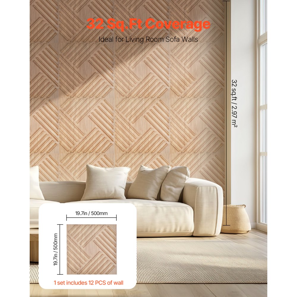 VEVOR 3D wall panels, set of 12, 150x50cm PVC wall cladding in a modern minimalist style, 2.97m² coverage, interior design for bedrooms, living rooms & playrooms, light wood color