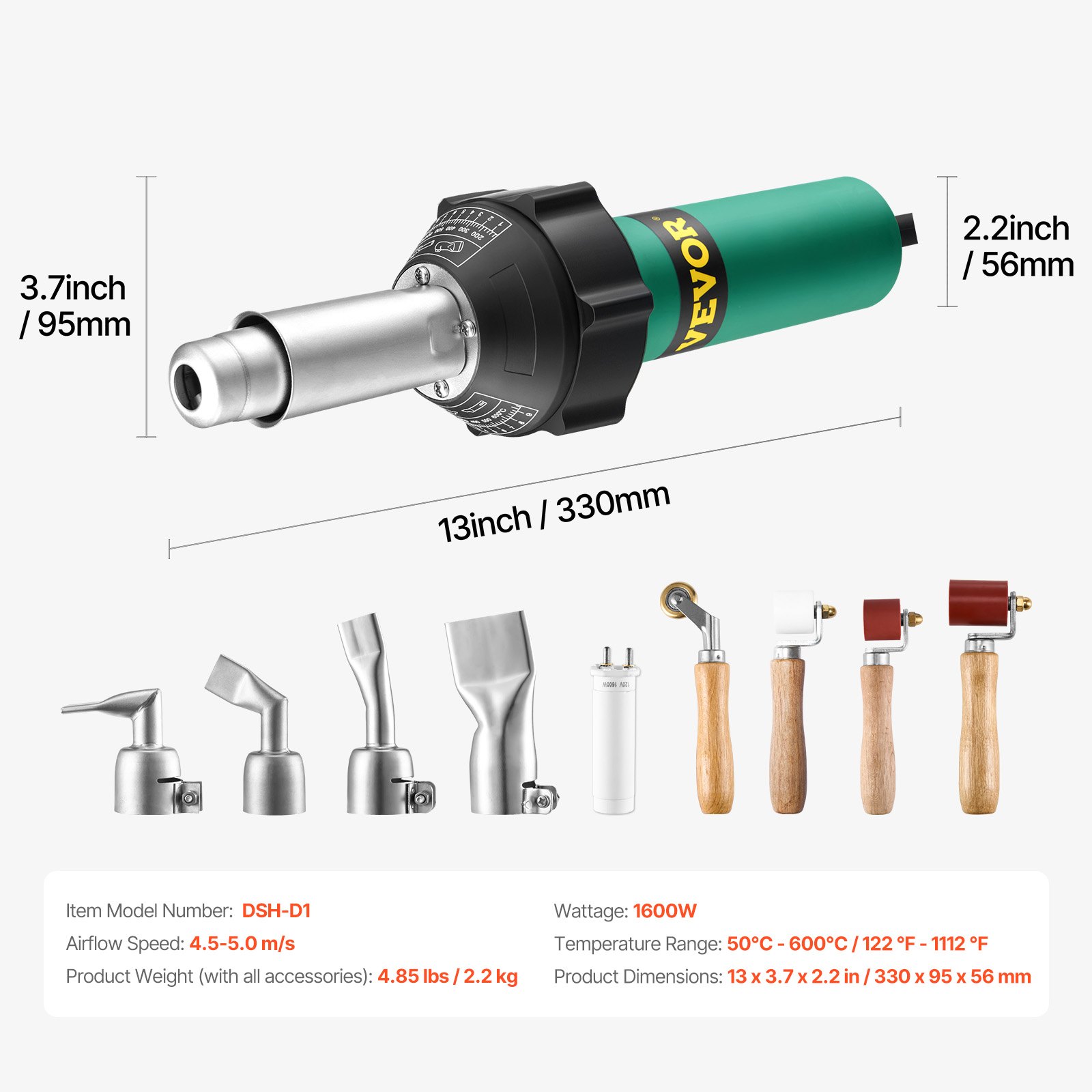 VEVOR Hot Air Plastic Welder, 1600W Hot Air Gun, 50-600°C PVC TPO Vinyl Welding Torch, Hot Air Welder Set with 9 Accessories - 4 Nozzles and 4 Seam Rollers for PP/PE/PVC Sheets