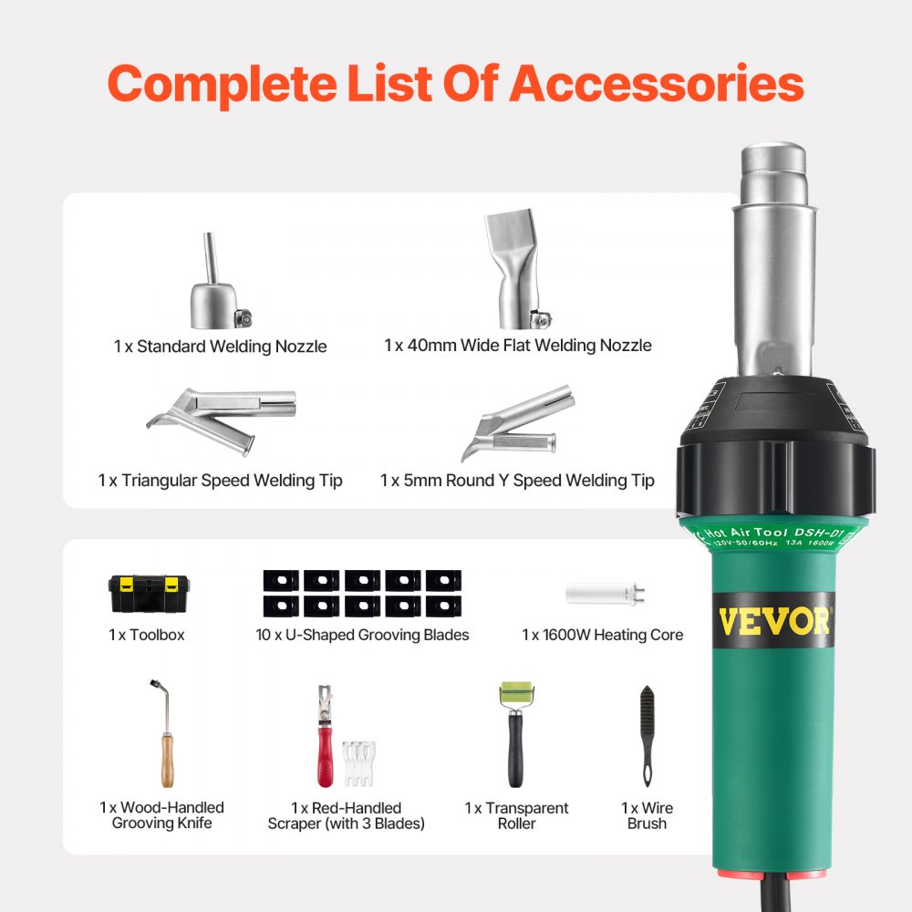 VEVOR Soldador de Aire Caliente para Plástico 1600 W, Kit de Soldadura para Techos de Plástico con 11 Accesorios: Caja de Herramientas, Boquilla, Rodillo, Cuchillas para PP/PE/PVC, 330 x 95 x 56 mm
