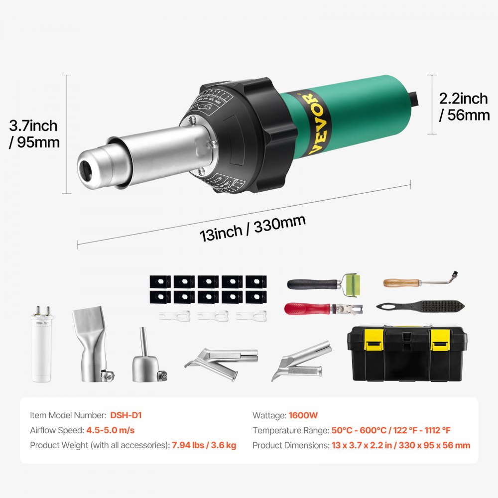 VEVOR Soldador de Aire Caliente para Plástico 1600 W, Kit de Soldadura para Techos de Plástico con 11 Accesorios: Caja de Herramientas, Boquilla, Rodillo, Cuchillas para PP/PE/PVC, 330 x 95 x 56 mm