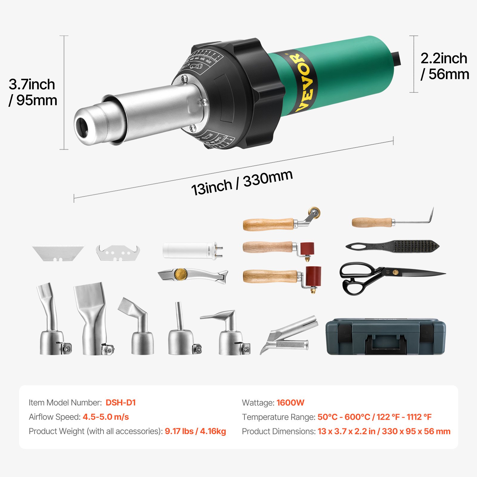 VEVOR Soldador de Aire Caliente para Plástico 1600 W, Kit de Soldadura para Techos de Plástico con 17 Accesorios: Caja de Herramientas, Boquilla, Rodillo, Cuchillas para PP/PE/PVC, 330 x 95 x 56 mm