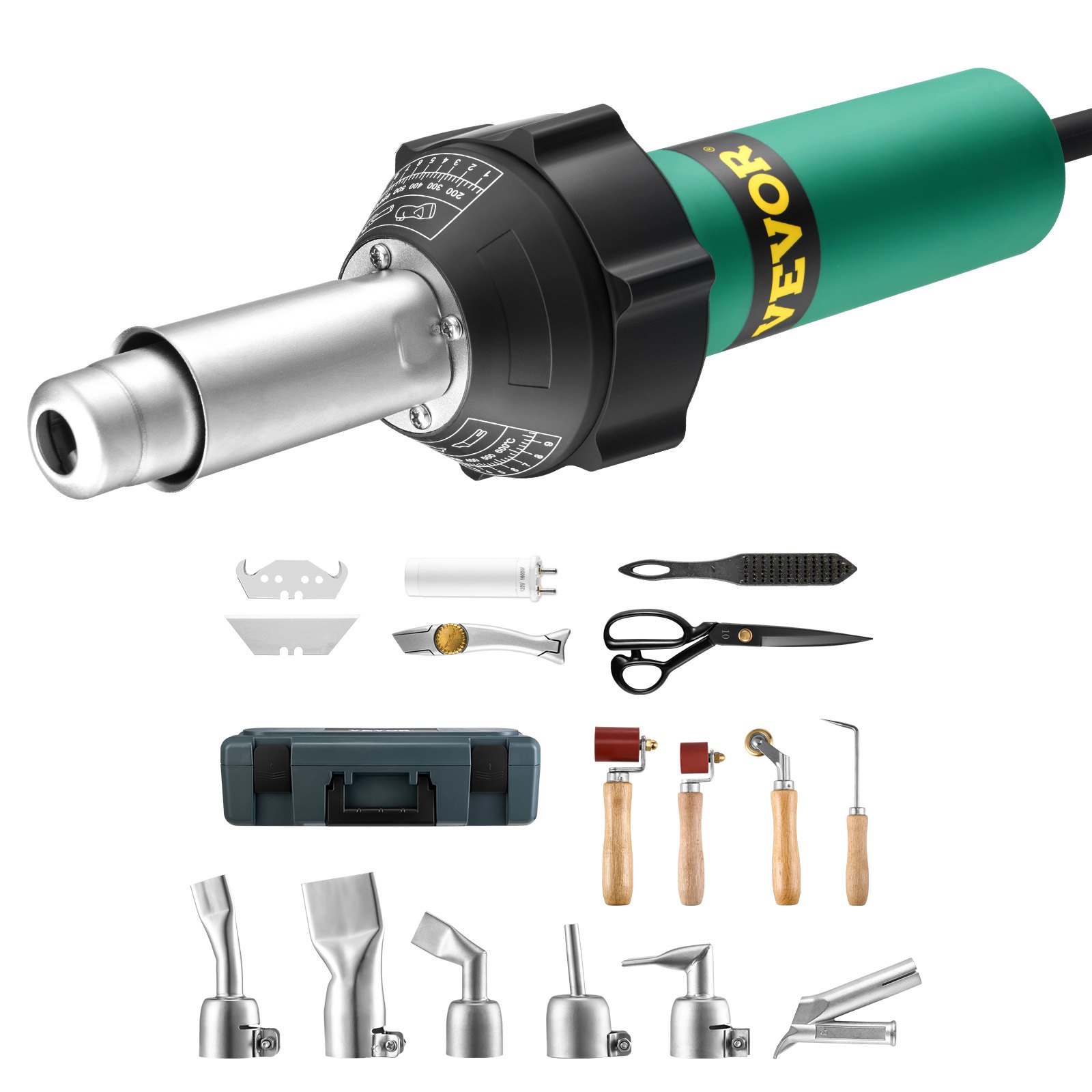 VEVOR Soldador de Aire Caliente para Plástico 1600 W, Kit de Soldadura para Techos de Plástico con 17 Accesorios: Caja de Herramientas, Boquilla, Rodillo, Cuchillas para PP/PE/PVC, 330 x 95 x 56 mm