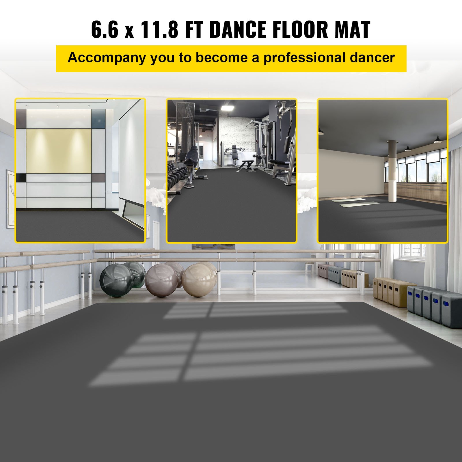 VEVOR Suelo de Danza 2 x 3,6 m Rollo de Vinilo para Pista de Baile Doble Cara Marley Dance Floor Espesor 1,5 mm Suelo para Ballet Gris y Negro Piso para Baile 7,2 ㎡ Pista de Danza PVC Estudio Gimnasio