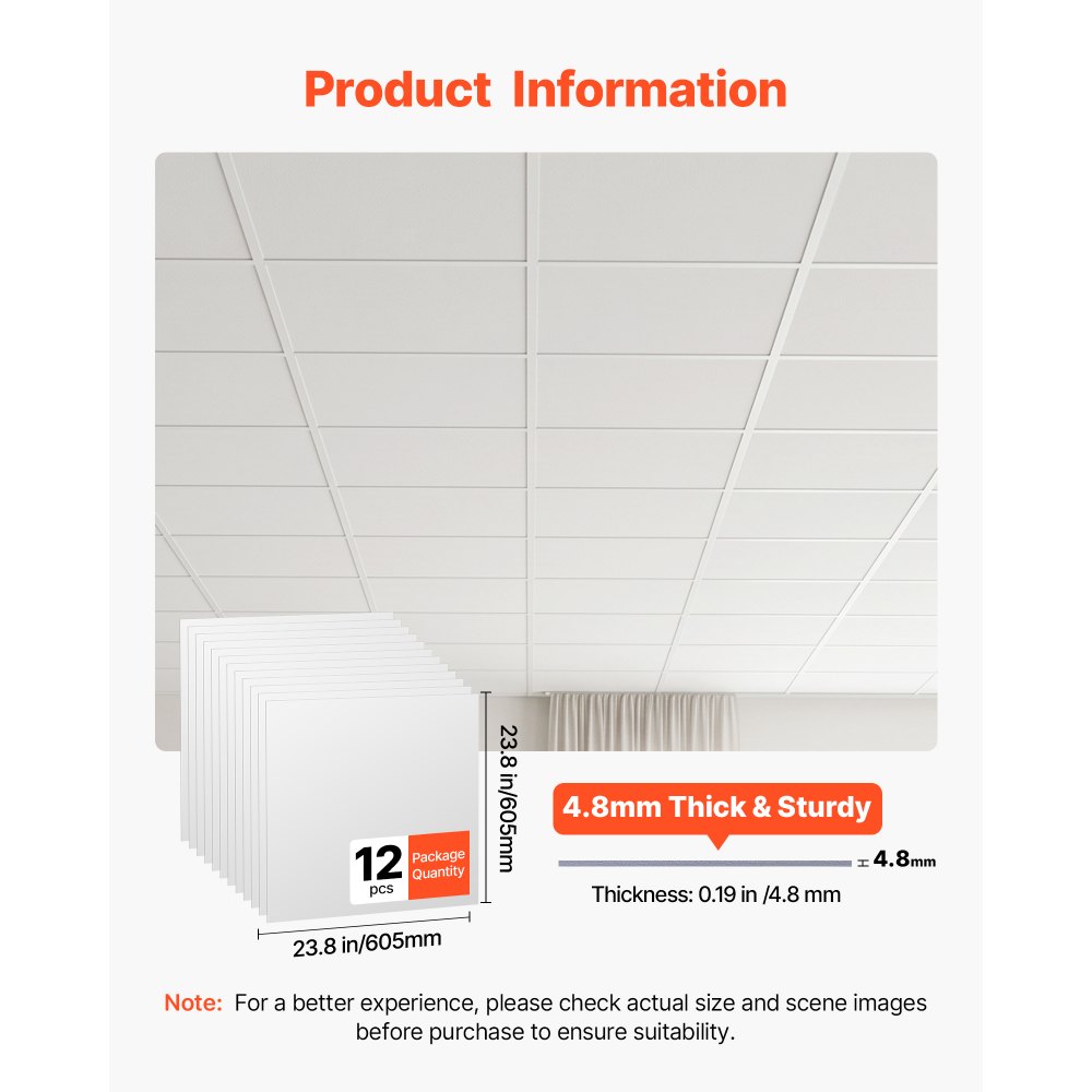 VEVOR Paneles de Techo de PVC 605 x 605 mm 12 Piezas, Baldosas Decorativas, Tablero de Espuma, Placas de Techo con Sistema de Rejilla, Resistente al Agua y Manchas, para Oficina, Cocina, Hogar y Baño