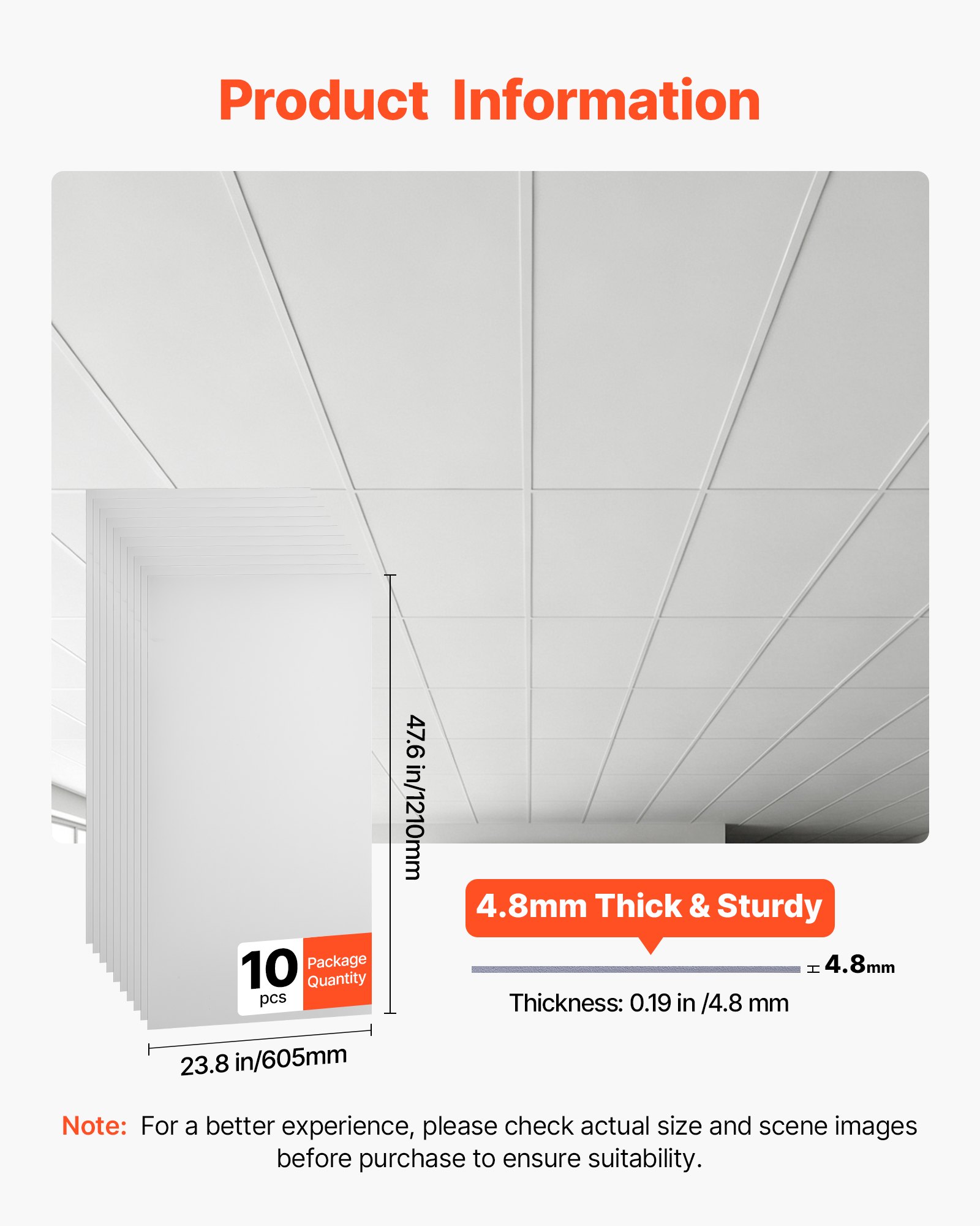 VEVOR Paneles de Techo de PVC 605 x 1210 mm 10 Piezas, Baldosas Decorativas, Placas de Techo, Tablero de Espuma con Sistema de Rejilla, Resistente al Agua y Manchas, para Cocina, Hogar, Baño y Oficina