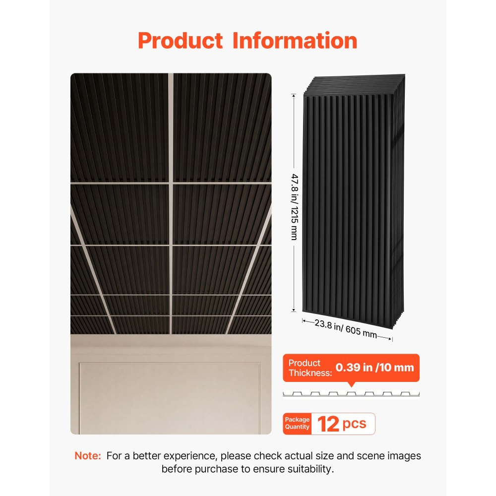 VEVOR Paneles de Techo de PVC 605 x 1215 mm 12 Piezas Negro, Placas de Techo, Baldosas Decorativas con Sistema de Rejilla, Diseño 3D, Resistentes al Agua Manchas, para Hogar, Baño, Oficina y Cocina