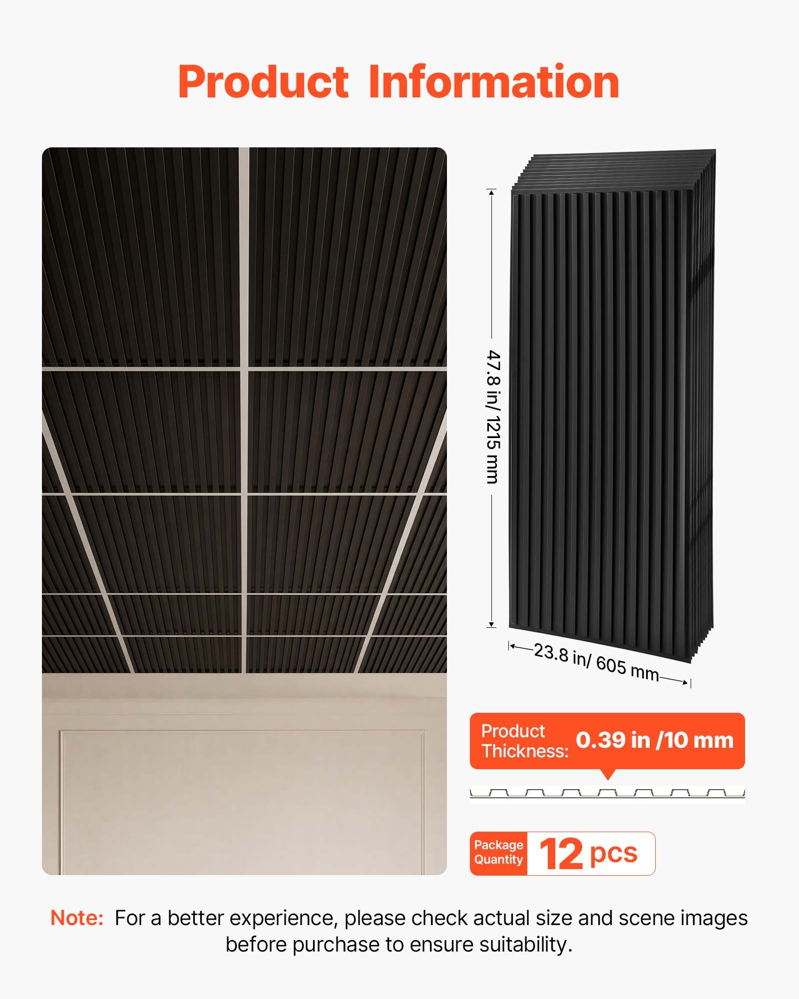 VEVOR Paneles de Techo de PVC 605 x 1215 mm 12 Piezas Negro, Placas de Techo, Baldosas Decorativas con Sistema de Rejilla, Diseño 3D, Resistentes al Agua Manchas, para Hogar, Baño, Oficina y Cocina