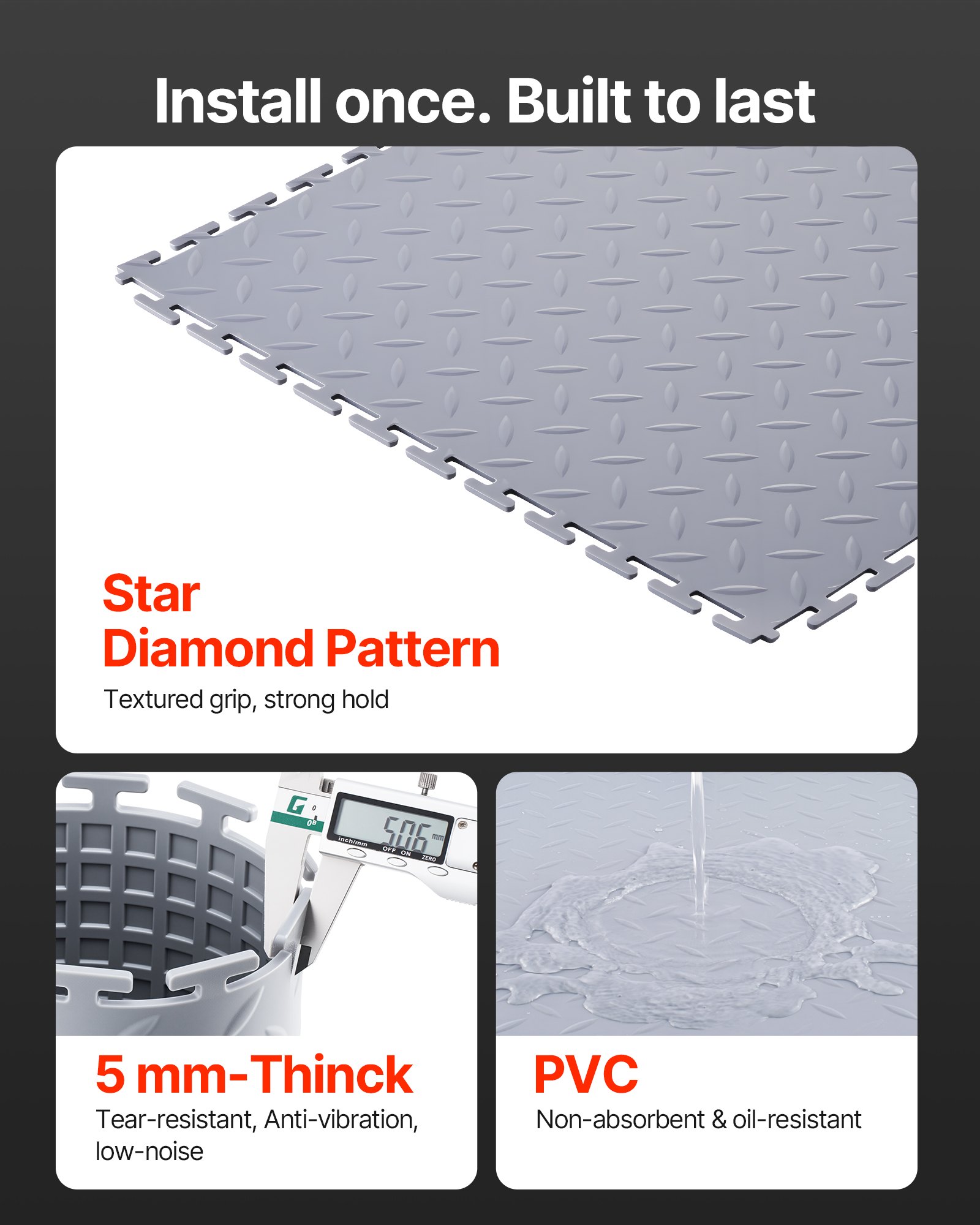 VEVOR Garage Floor Tiles Interlocking, 8 Pack 513 x 513 x 5 mm Interlocking Modular Garage Flooring Tiles, Diamond Plate Slip-Resistant PVC Mats for Workshop,Warehouse,Tool Room, Silver