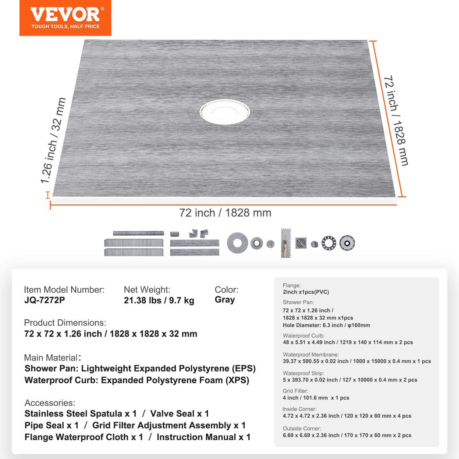 VEVOR Shower Threshold Set, 1828 x 1828 mm Shower Tray Set with 50.8 mm PVC Center Flange, 101.6 mm Stainless Steel Grate, Waterproof Shower Threshold & Membrane & Strip, Shower Sealing Suitable for Bathrooms