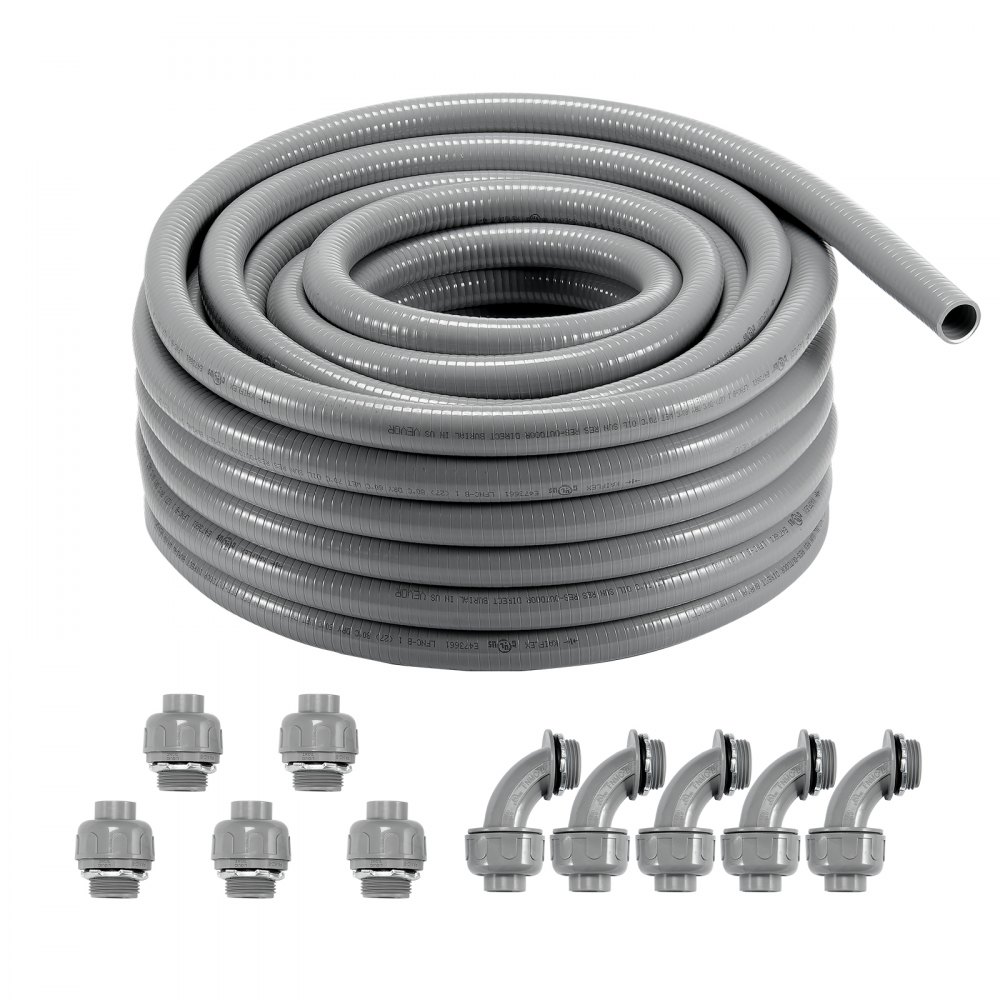 Conducto estanco al líquido de PVC VEVOR en espiral de color gris con conectores variados y accesorios de codo, ideal para protección de cableado.