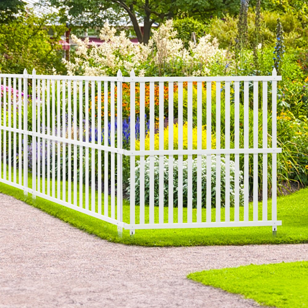 VEVOR Garden Fence 122 x 122 cm Privacy Fence PVC and Galvanized Sheet Metal Ground Spike Windbreak Fence Metal Posts up to 50 cm Slatted Fence Plug-in Fence incl. Metal Posts Protective Caps PVC Strip Panels