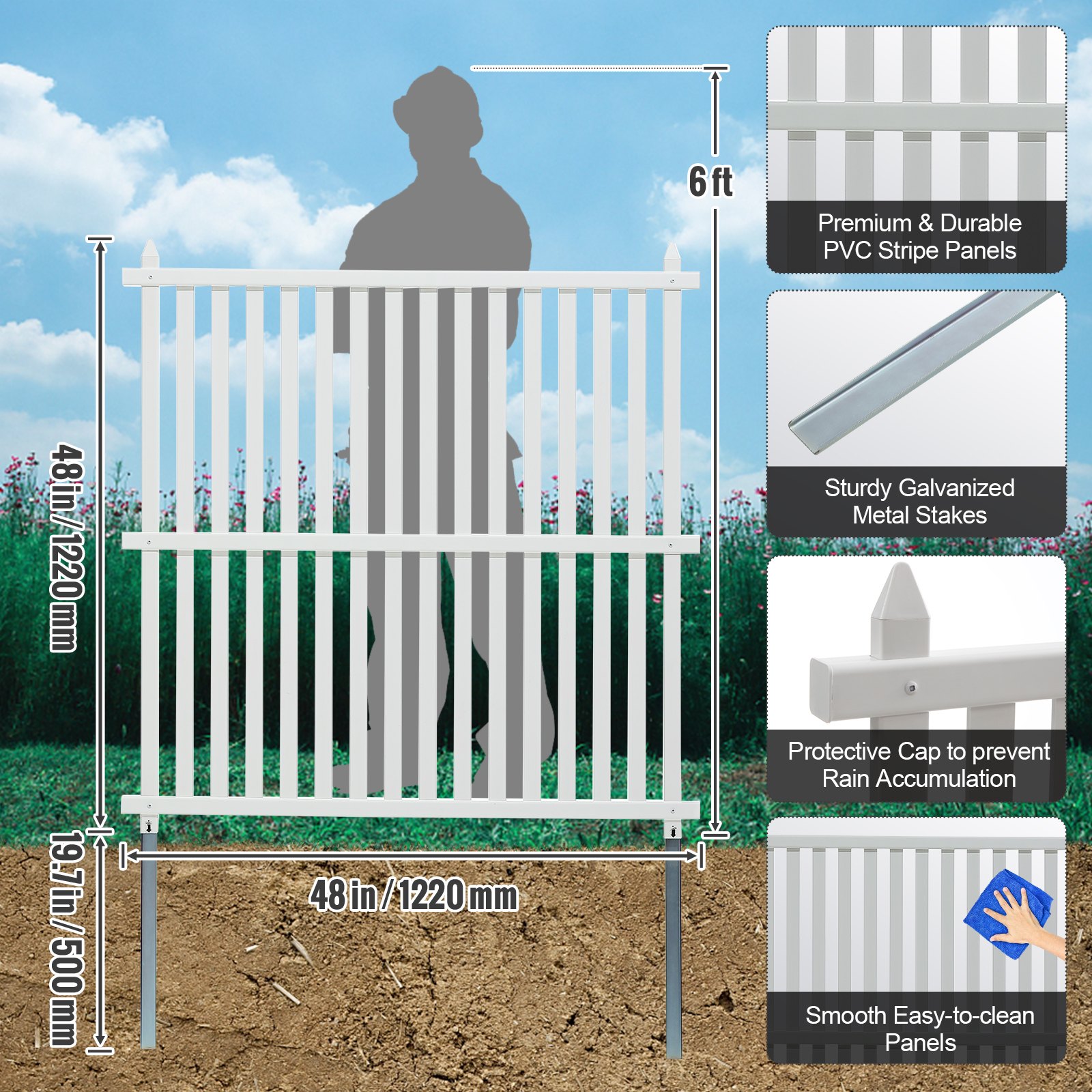 VEVOR Garden Fence 122 x 122 cm Privacy Fence PVC and Galvanized Sheet Metal Ground Spike Windbreak Fence Metal Posts up to 50 cm Slatted Fence Plug-in Fence incl. Metal Posts Protective Caps PVC Strip Panels