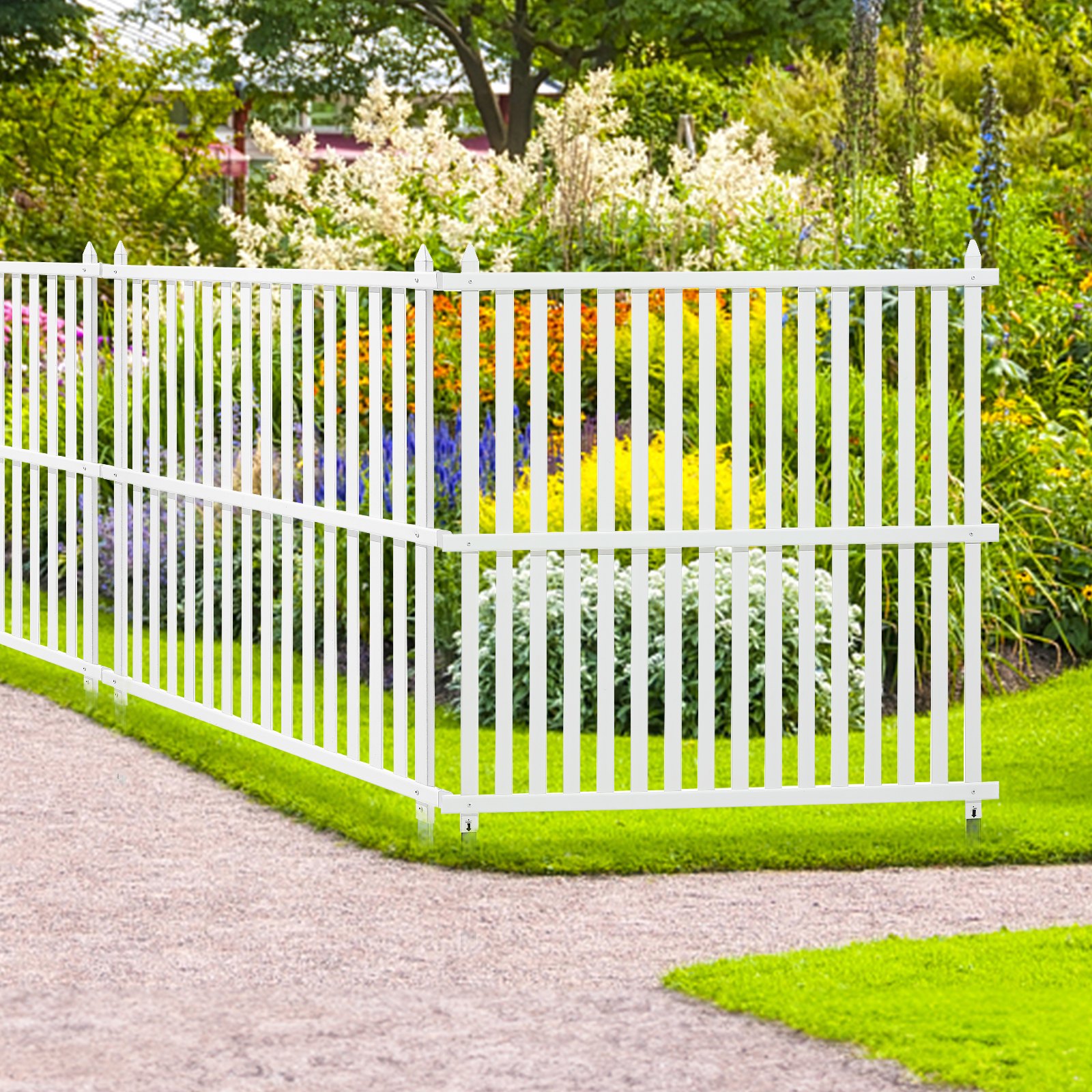 VEVOR Garden Fence 122 x 122 cm Privacy Fence PVC and Galvanized Sheet Metal Ground Spike Windbreak Fence Metal Posts up to 50 cm Slatted Fence Plug-in Fence incl. Metal Posts Protective Caps PVC Strip Panels