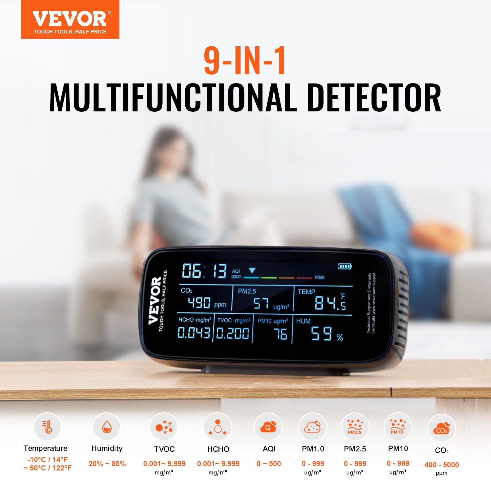 VEVOR Monitor de Calidad del Aire 9 en 1 para Probar Profesionalmente PM1.0/2.5/10, HCHO TVOC AQI CO2 Temperatura, Humedad, Sensor de Calidad del Aire con Umbrales de Alarma para Interior y Exterior