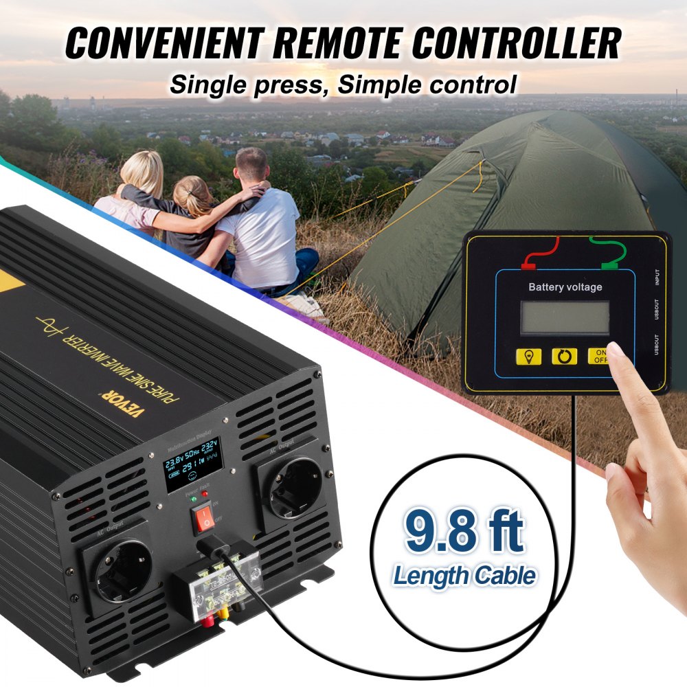 VEVOR Pure Sine Wave Inverter, 3000 Watts, DC 24V to AC 230V, Car Inverter with USB Port, LCD Display, Remote Control and EU Sockets, for Motorhomes, Trucks, Cars, Solar Systems, Travel, Camping