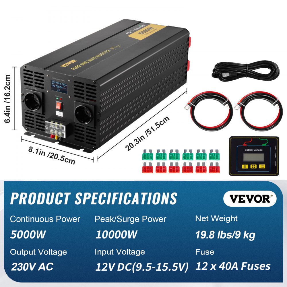 Inversor de onda sinusoidal pura VEVOR, 5000 vatios, inversor de corriente, inversor de CC de 12 V a CA de 230 V para automóvil con puerto USB y control remoto, convertidor de energía para sistema solar de automóvil, RV, camión, viajes y campamentos