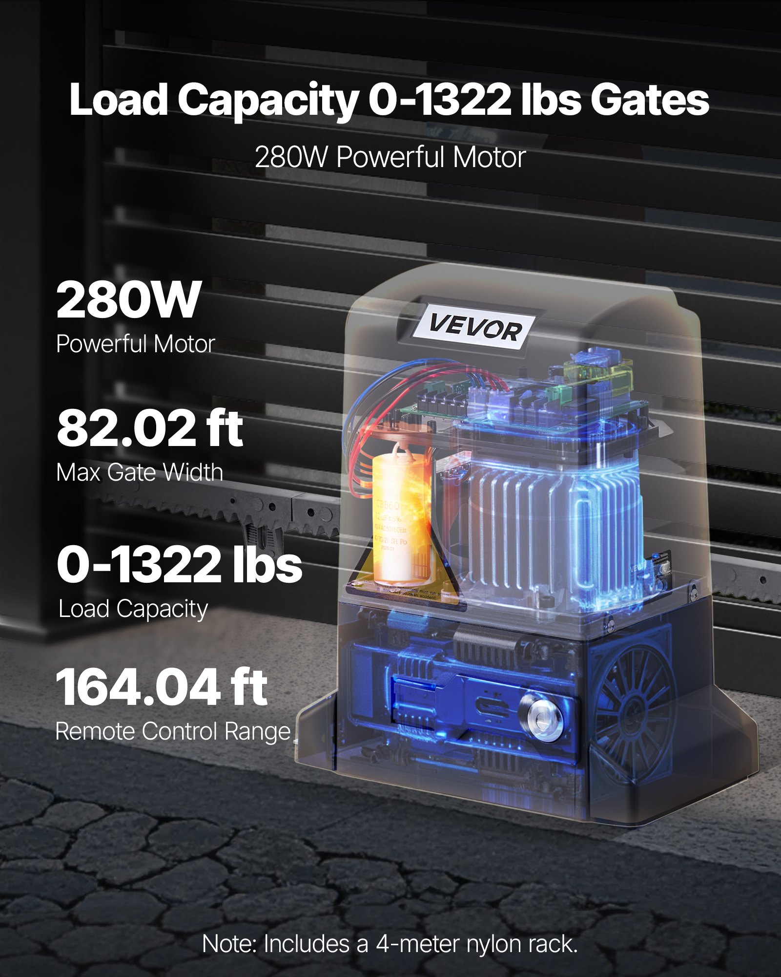 VEVOR Abridor de Puerta Corrediza Eléctrico 280 W para Puertas de hasta 25 m Carga de 816 kg con Cremallera de Nailon, Sensor Infrarrojo, 2 Controles Remotos, Sistema de Apertura de Portones 10 m/min