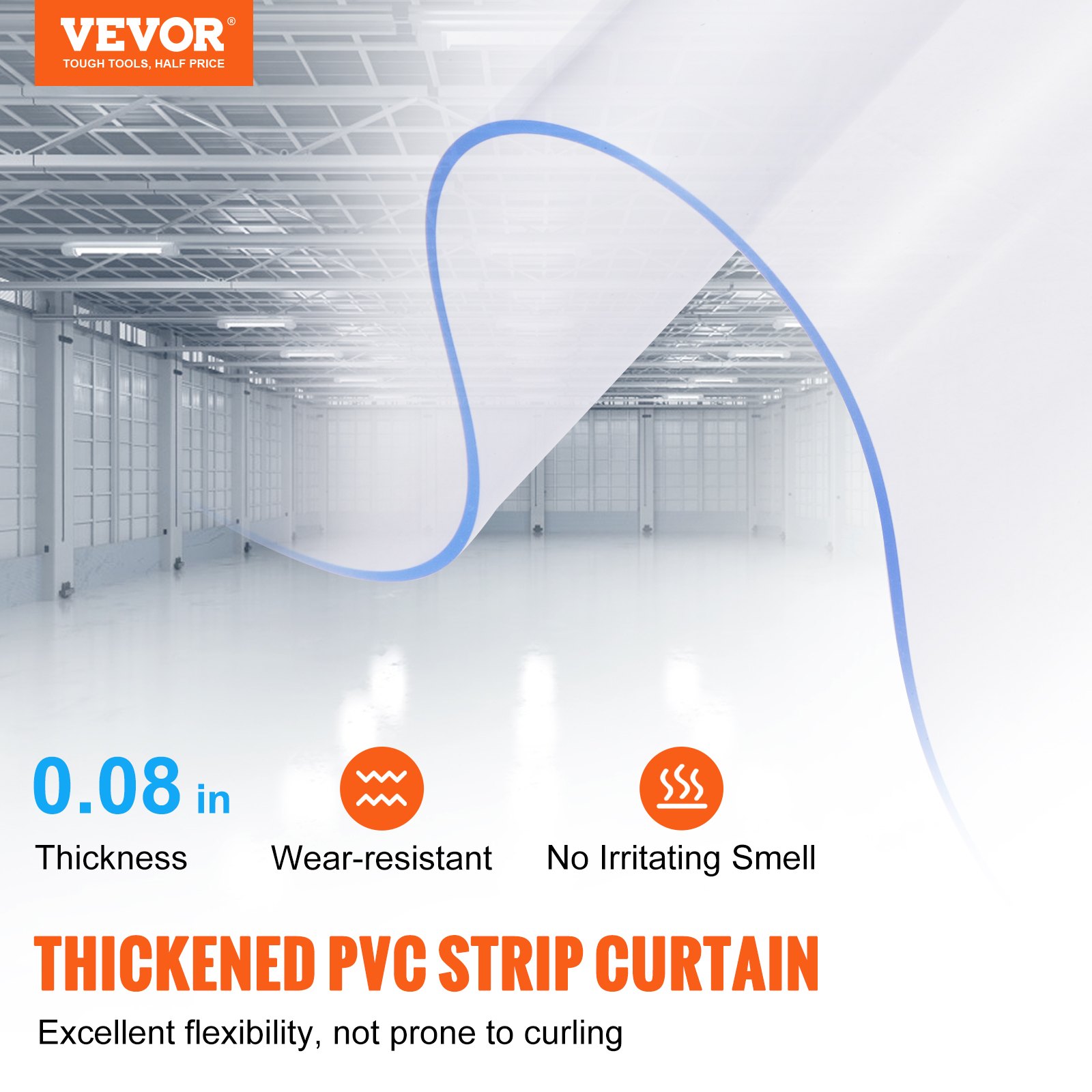 Cortina de tiras VEVOR: material de PVC espesado, resistente al desgaste, sin rizos, sin olor irritante, 0,08 pulgadas de espesor.