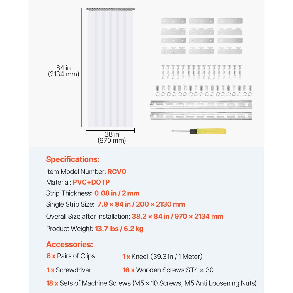 VEVOR Cortina Pvc Exterior Cortina de Tiras 97x213,4 cm Cortina de Puerta de Pvc Transparente 6 Tiras de Plástico Soporte Resistente -20°C​ ~ 60°C​