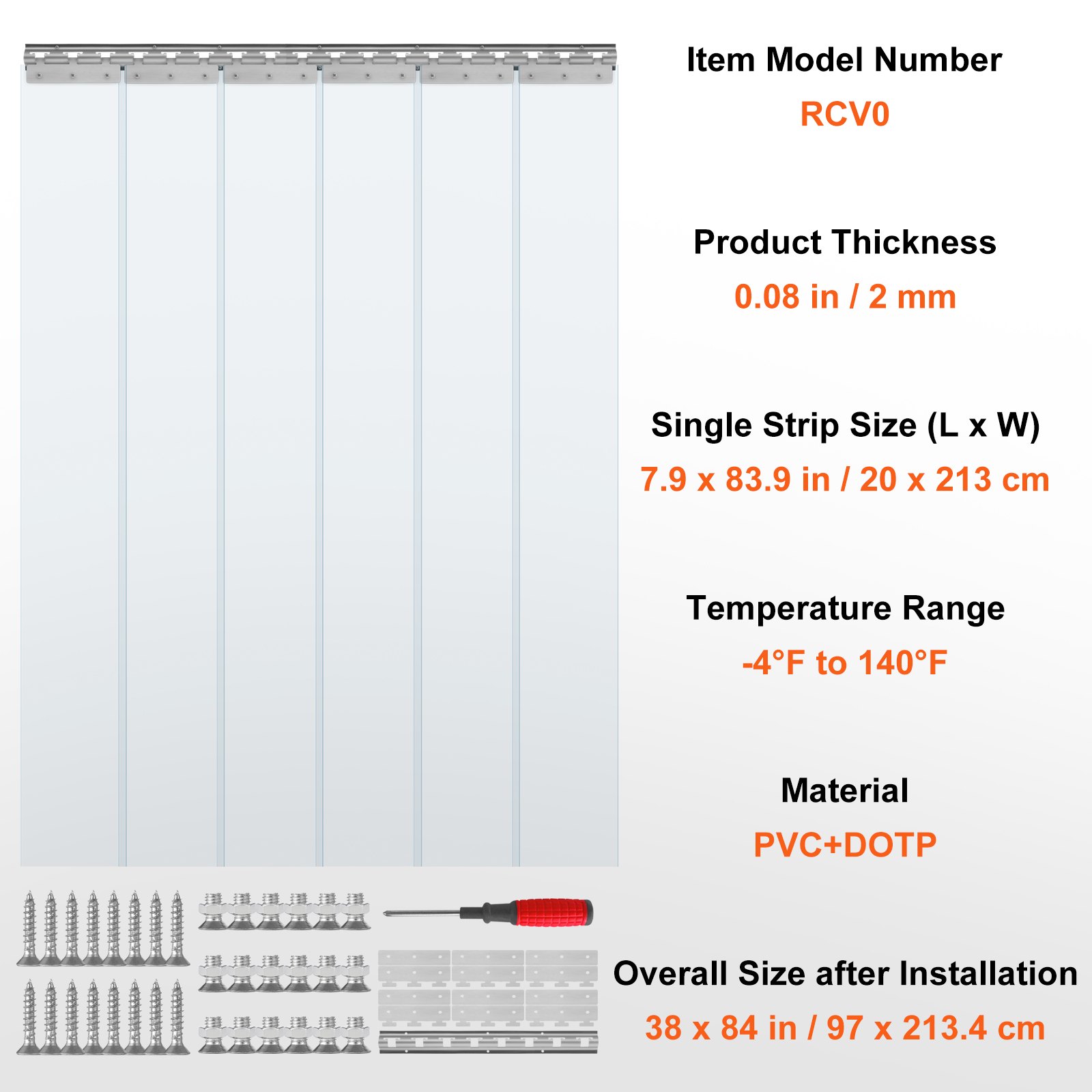 Cortina para congelador VEVOR, modelo rcv0, 20 x 213 cm, tiras pvc+dotp, -4°f a 140°f, tamaño total 97 x 213 cm.