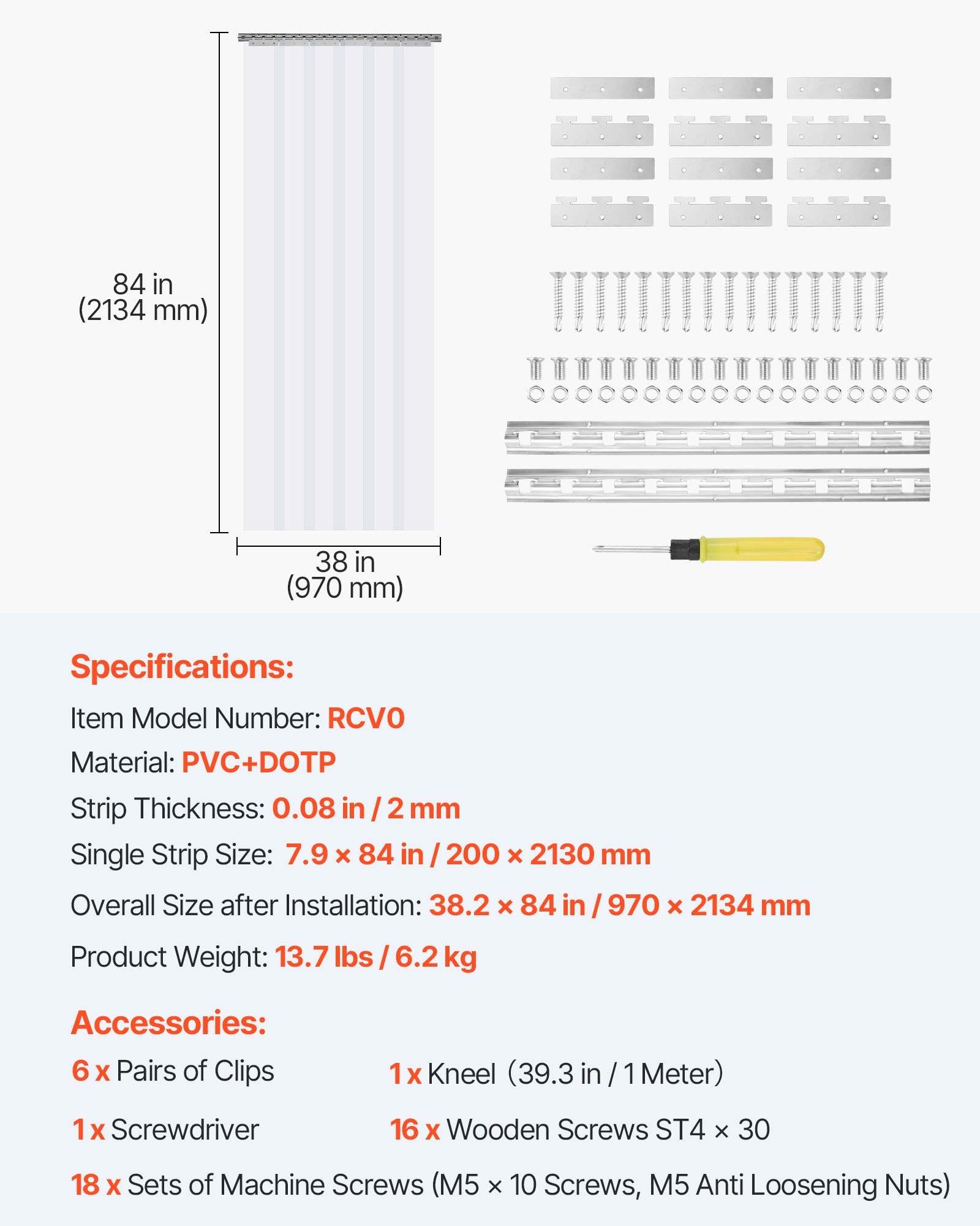 VEVOR Cortina Pvc Exterior Cortina de Tiras 97x213,4 cm Cortina de Puerta de Pvc Transparente 6 Tiras de Plástico Soporte Resistente -20°C​ ~ 60°C​