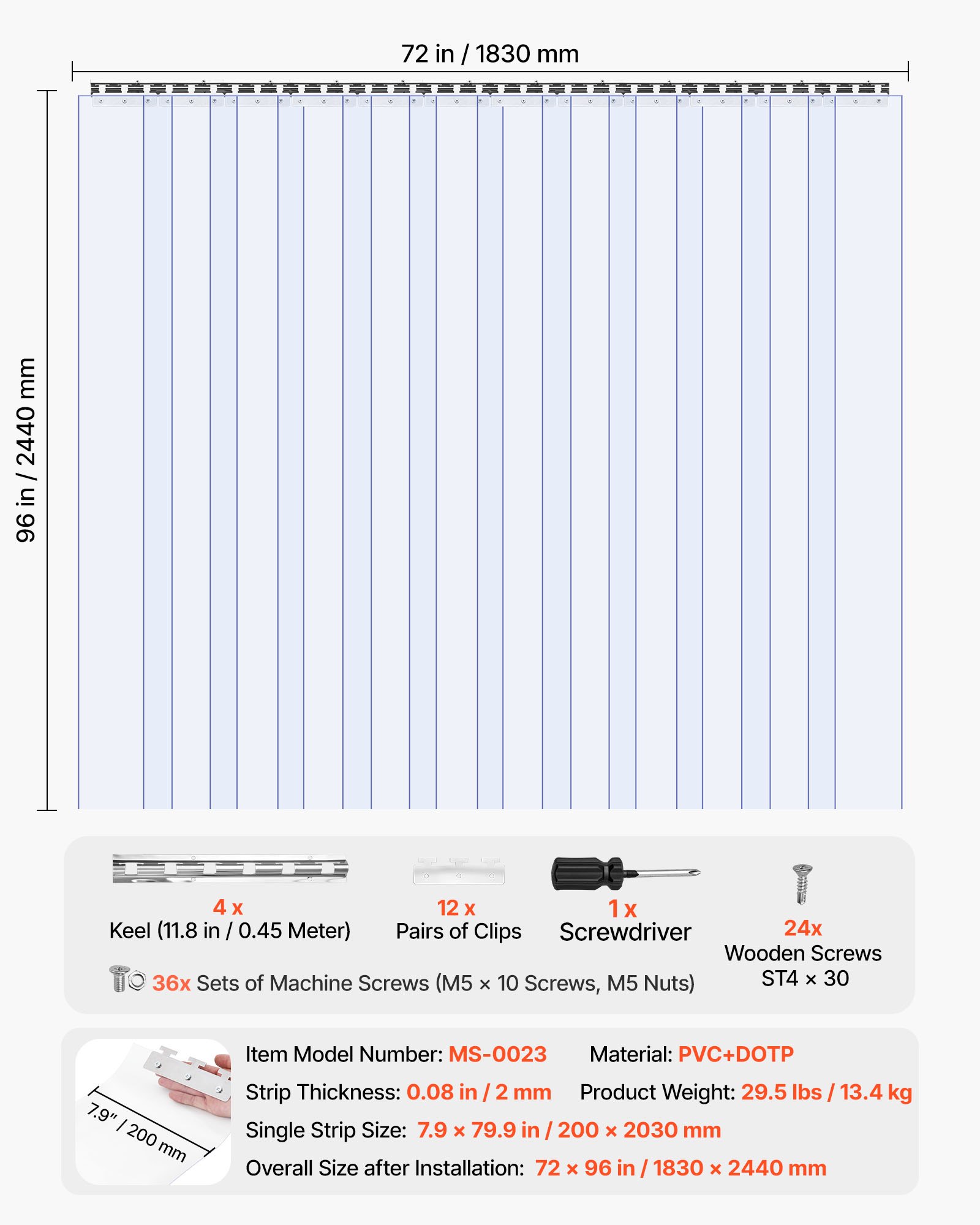 VEVOR Cortina de Tiras 183x244 cm Cortina de Puerta de PVC Transparente 12 Tiras de Plástico Espesor de 3 mm para Puerta de Cámara Frigorífica, Almacén, Refrigerador de Supermercado, Garajes