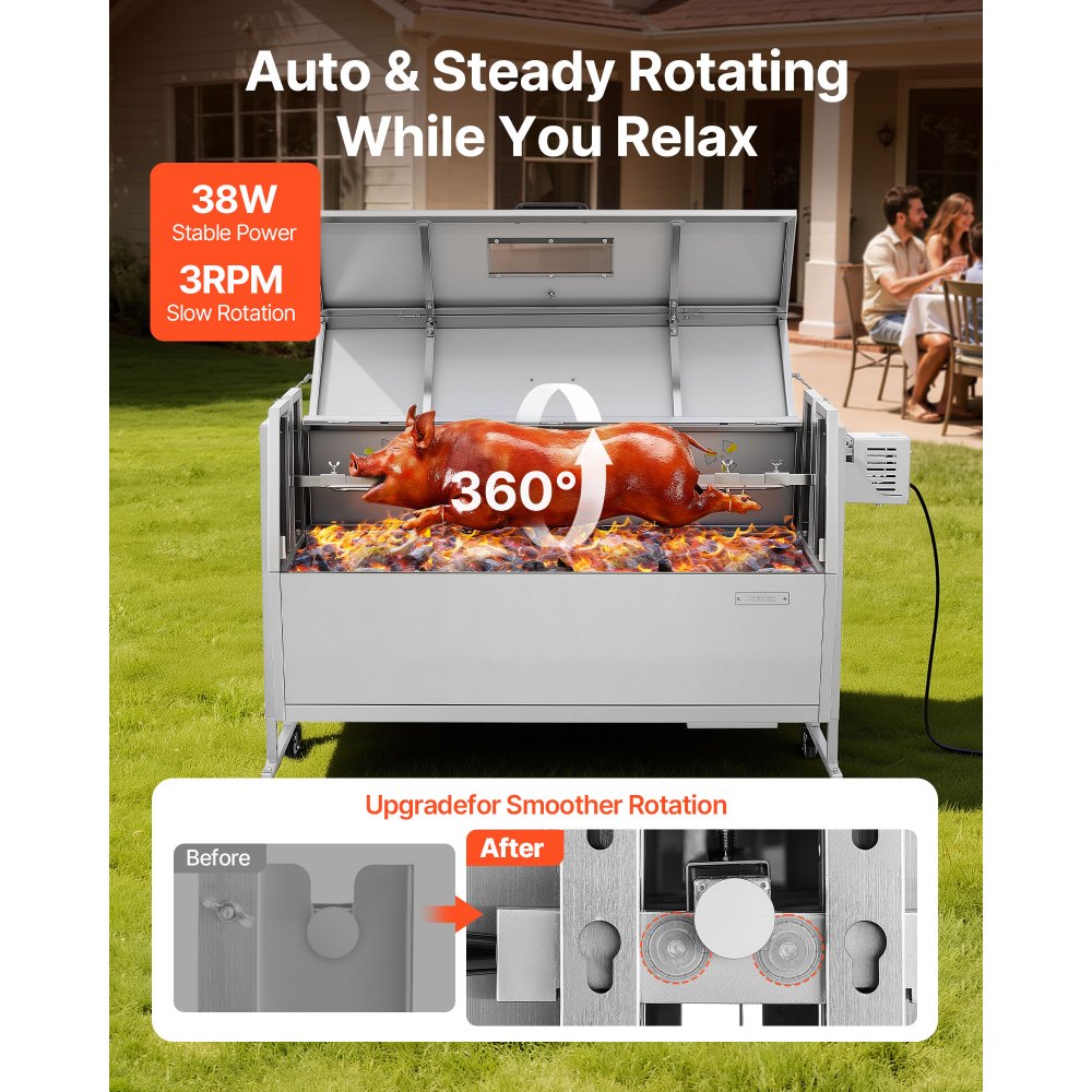 VEVOR Asador Giratorio 1168,4 mm Motor de 38 W, 4 Niveles de Altura, Capacidad de Carga de 60 kg, Parrilla de Acero Inoxidable con Ruedas, Rotación Suave de 360°, para Fiestas, Barbacoas, Acampadas