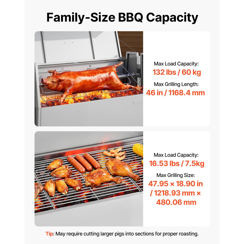 VEVOR Asador Giratorio 1168,4 mm Motor de 38 W, 4 Niveles de Altura, Capacidad de Carga de 60 kg, Parrilla de Acero Inoxidable con Ruedas, Rotación Suave de 360°, para Fiestas, Barbacoas, Acampadas