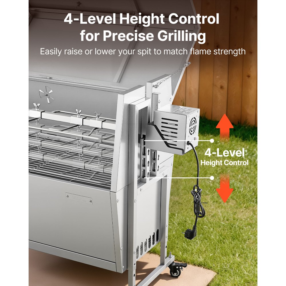 VEVOR Asador Giratorio 1168,4 mm Motor de 38 W, 4 Niveles de Altura, Capacidad de Carga de 60 kg, Parrilla de Acero Inoxidable con Ruedas, Rotación Suave de 360°, para Fiestas, Barbacoas, Acampadas