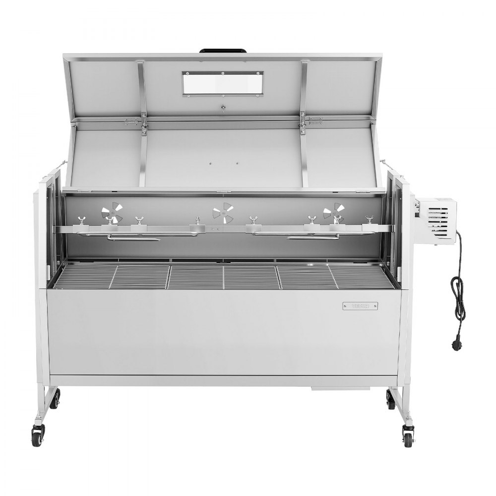 VEVOR Asador Giratorio 1168,4 mm Motor de 38 W, 4 Niveles de Altura, Capacidad de Carga de 60 kg, Parrilla de Acero Inoxidable con Ruedas, Rotación Suave de 360°, para Fiestas, Barbacoas, Acampadas