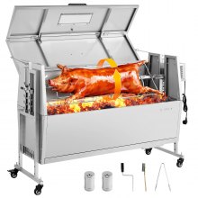 VEVOR Asador Giratorio 1168,4 mm Motor de 38 W, 4 Niveles de Altura, Capacidad de Carga de 60 kg, Parrilla de Acero Inoxidable con Ruedas, Rotación Suave de 360°, para Fiestas, Barbacoas, Acampadas