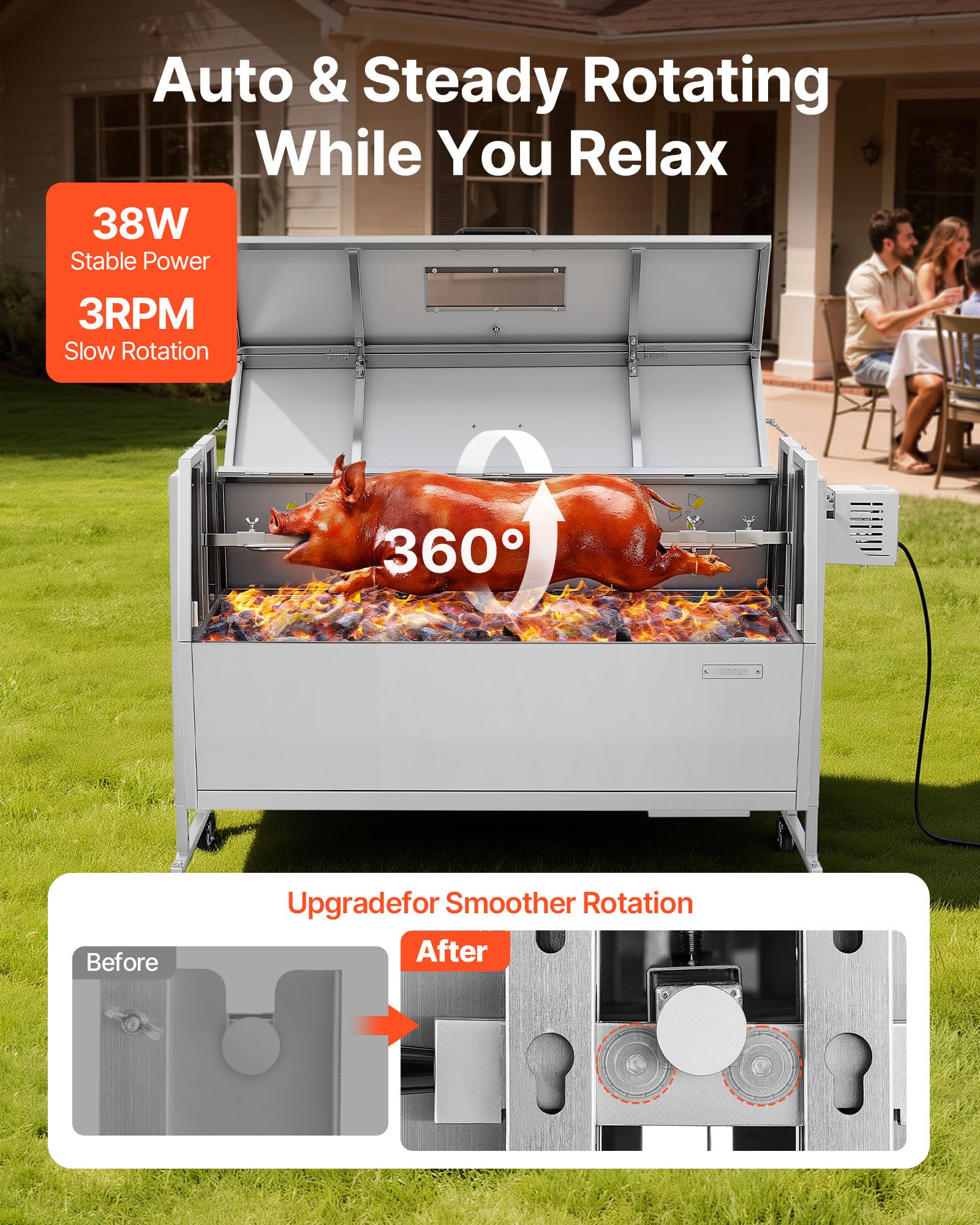 VEVOR Asador Giratorio 1168,4 mm Motor de 38 W, 4 Niveles de Altura, Capacidad de Carga de 60 kg, Parrilla de Acero Inoxidable con Ruedas, Rotación Suave de 360°, para Fiestas, Barbacoas, Acampadas